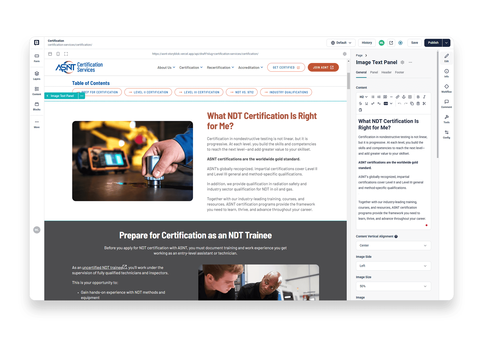 Screenshot of a webpage for ASNT Certification Services showcasing an article titled 'What NDT Certification Is Right for Me?' with an image of a hand holding a testing device near a surface, and a section titled 'Prepare for Certification as an NDT Trainee' below.