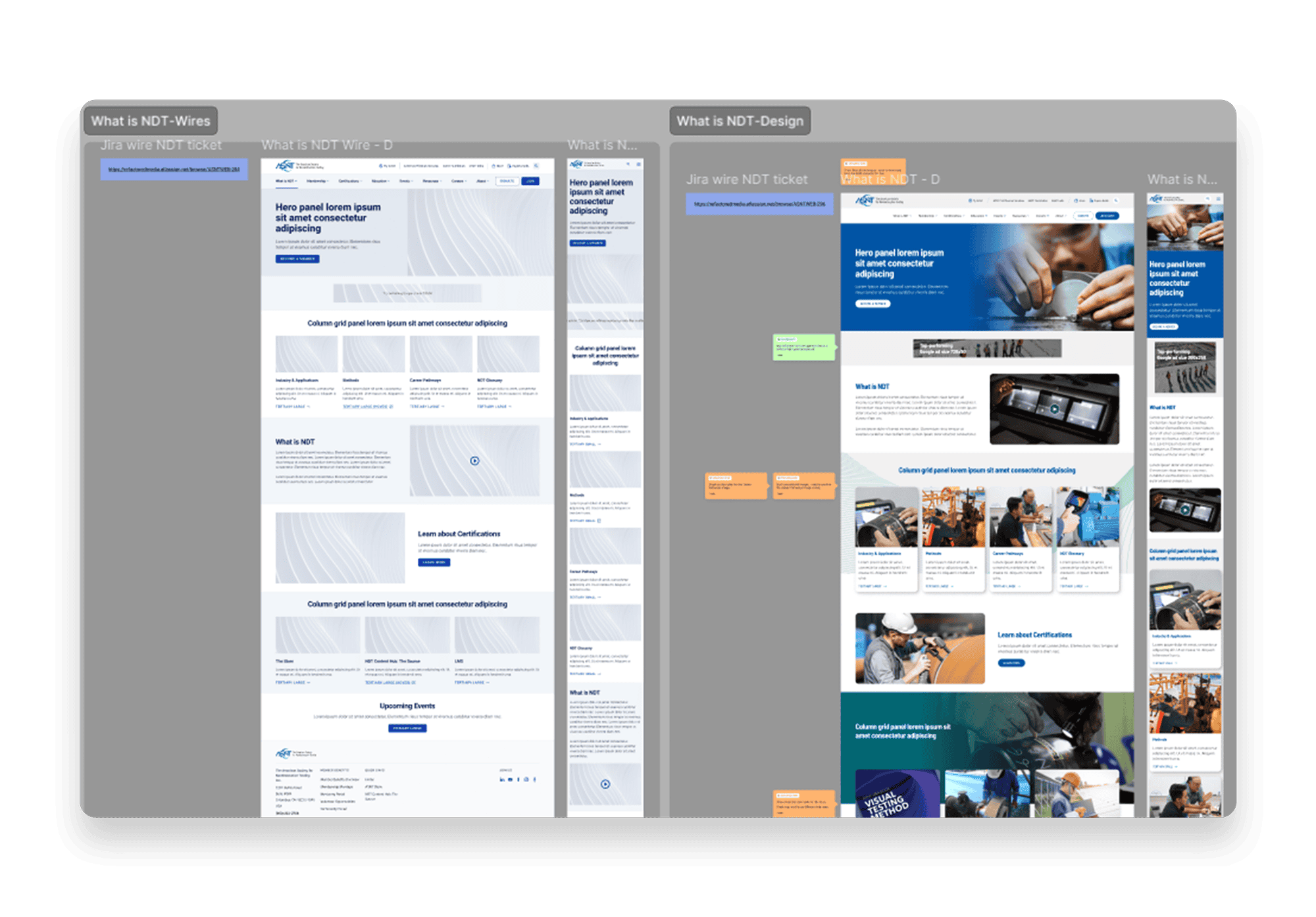 Side-by-side comparison of wireframes and the final design for the 'What is NDT' webpage for ASNT. The wireframes on the left display a gray-scale layout with placeholders for content, while the final design on the right features a polished interface with vibrant images, a blue hero section, and well-structured content sections for certification, events, and educational resources.