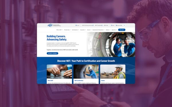 Screenshot of the American Society for Nondestructive Testing (ASNT) website homepage on purple background.