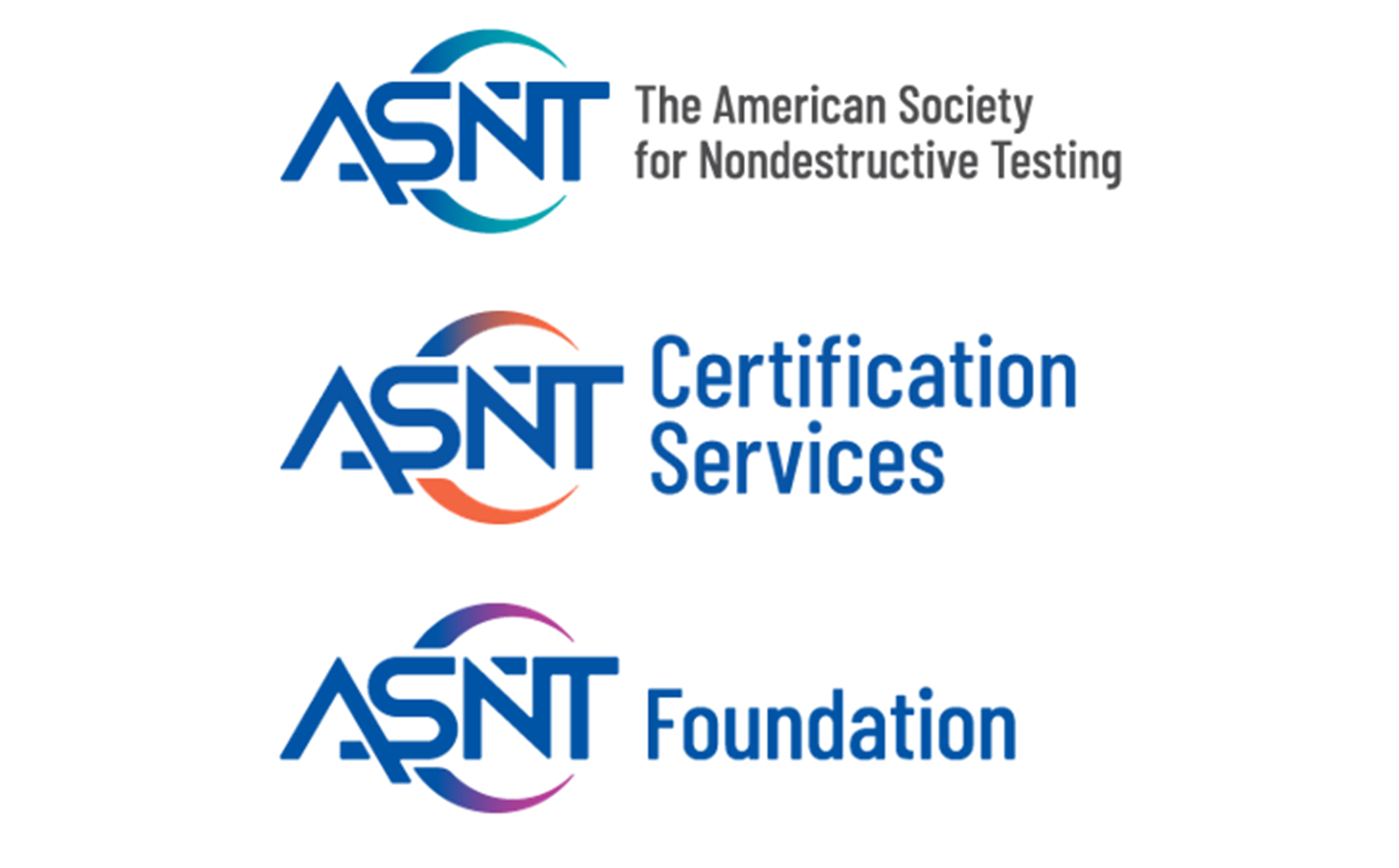 Image featuring three logos for the American Society for Nondestructive Testing (ASNT): the top logo reads 'ASNT - The American Society for Nondestructive Testing' with a teal accent, the middle logo reads 'ASNT Certification Services' with an orange accent, and the bottom logo reads 'ASNT Foundation' with a purple accent.