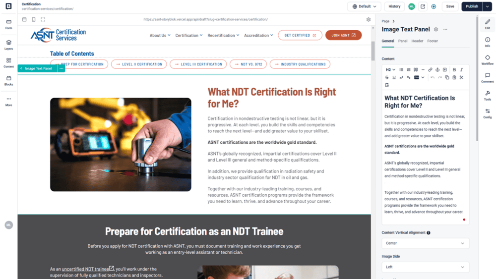 A webpage from ASNT Certification Services detailing NDT (Nondestructive Testing) certification options. The page features a table of contents with navigation buttons, a heading titled 'What NDT Certification Is Right for Me?', and an image of a person performing an NDT inspection using a handheld device on a metal surface. The page also includes a section about preparing for certification as an NDT trainee.