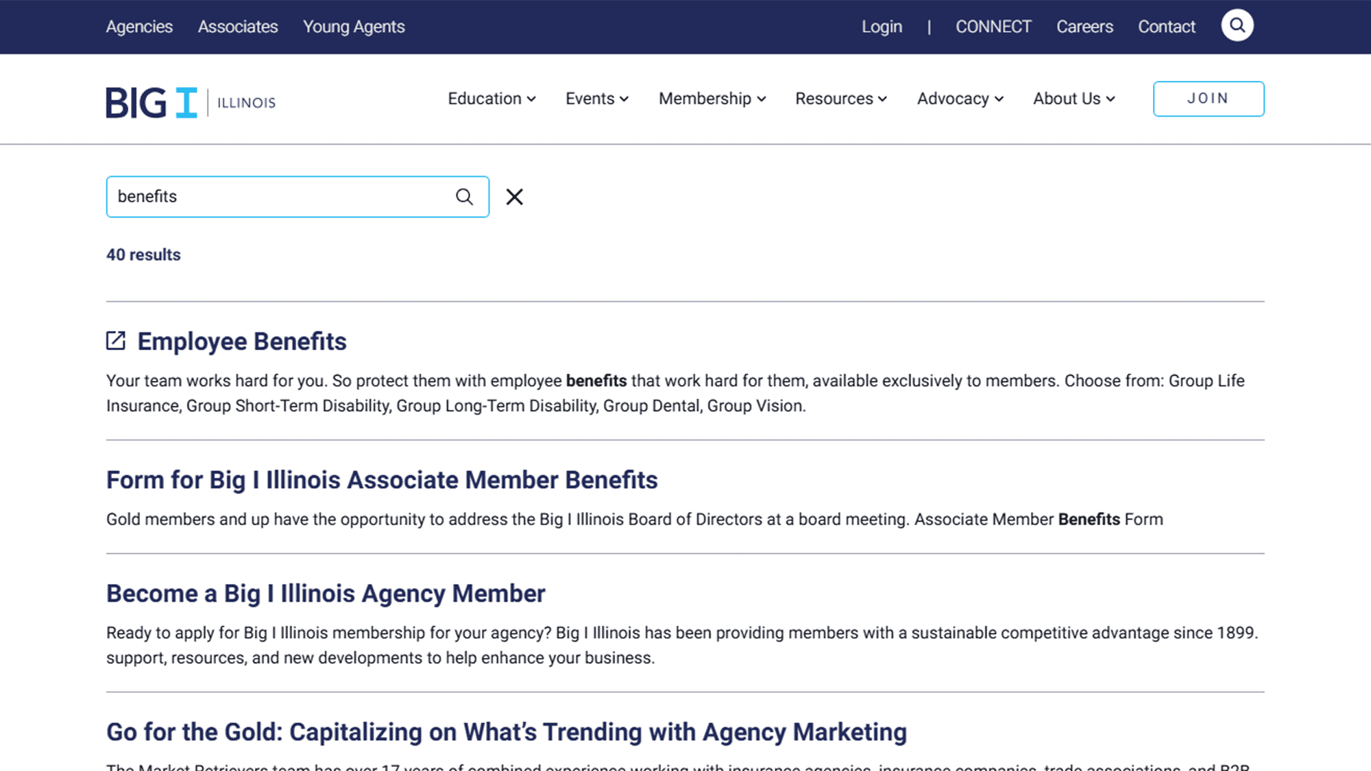 A search results page on the BIG I Illinois website displaying results for the keyword 'benefits.' The page shows a search bar with a clear button, a total of 40 results, and a list of relevant links, including 'Employee Benefits,' 'Form for Big I Illinois Associate Member Benefits,' 'Become a Big I Illinois Agency Member,' and 'Go for the Gold: Capitalizing on What’s Trending with Agency Marketing.'