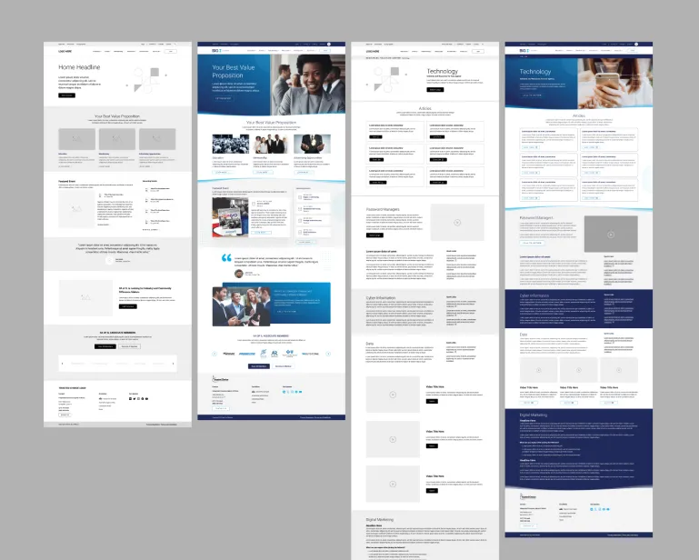 A side-by-side comparison of website wireframes and their fully designed versions. The left side shows grayscale wireframes with placeholder text and images, while the right side displays fully branded web pages with images, colors, and typography applied.