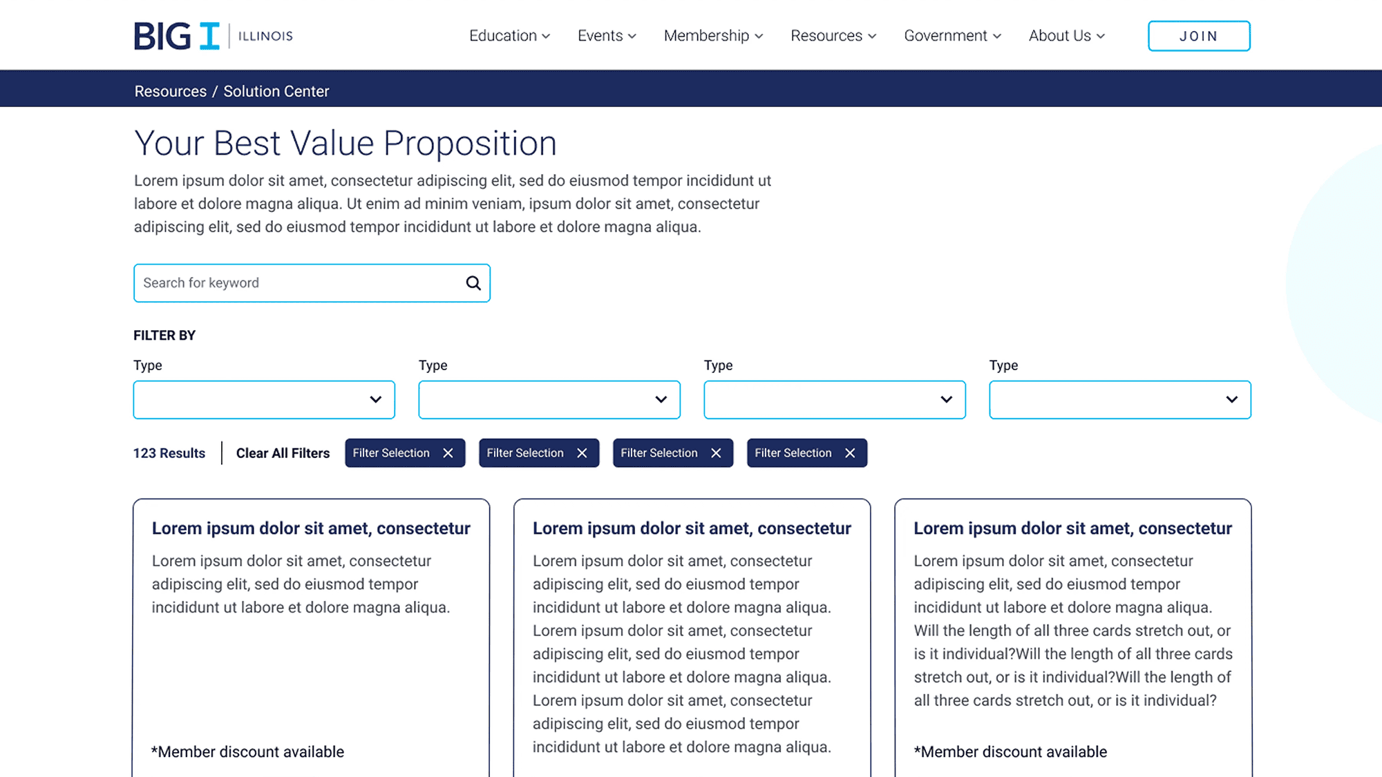 A webpage from BIG I Illinois showcasing an advanced search and filtering system in the Resources / Solution Center section. The page features a search bar for keyword input, multiple dropdown filters for refining results, and a display of search results in card format with placeholder text. A 'Clear All Filters' button and filter selection tags are visible for refining searches efficiently.