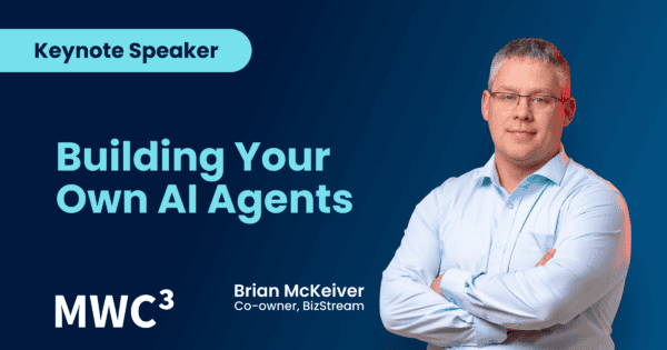 Graphic featuring Brian McKeiver, co-owner of BizStream, as the keynote speaker for the Midwest Collegiate Computing Conference (MWC3). The presentation title reads 'Building Your Own AI Agents' with a professional photo of Brian on the right against a blue background.