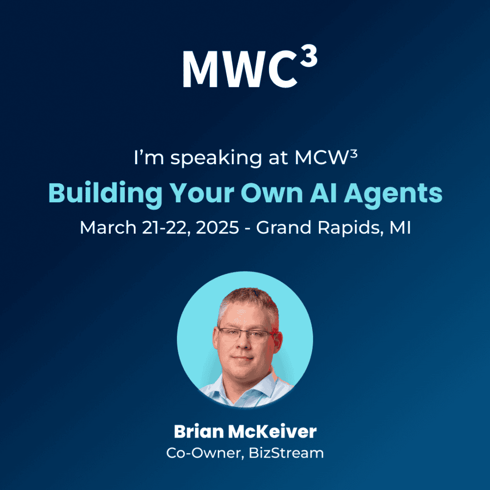 Graphic promoting Brian McKeiver, co-owner of BizStream, as a speaker at the Midwest Collegiate Computing Conference (MWC3). The presentation title, 'Building Your Own AI Agents,' is displayed alongside event details: March 21-22, 2025, in Grand Rapids, MI. A circular photo of Brian is featured at the bottom against a blue background.