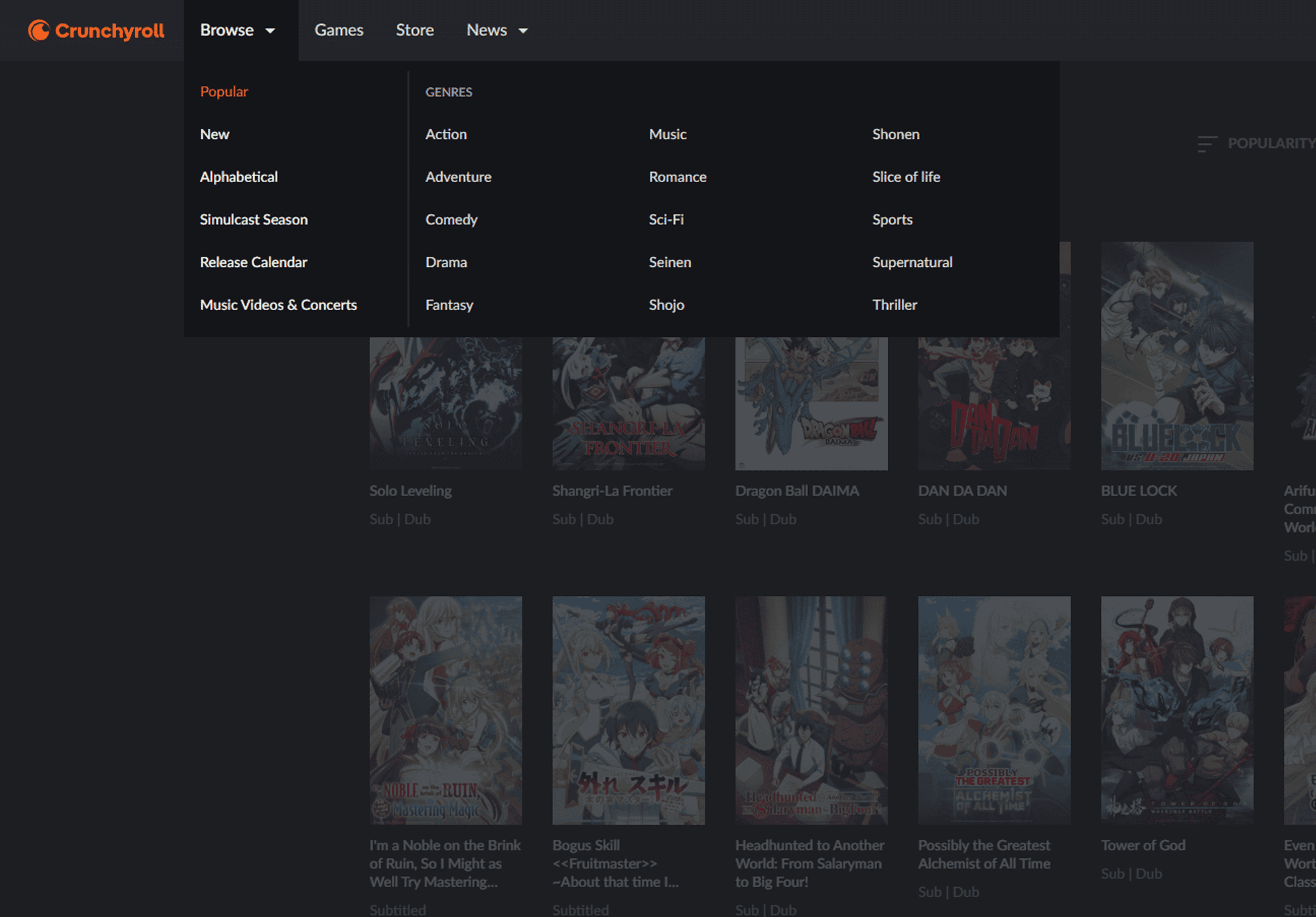 Crunchyroll's navigation menu showcasing browsing options, including categories like Popular, New, Alphabetical, and Simulcast Season, as well as genres such as Action, Comedy, Fantasy, and Thriller, displayed above a grid of anime titles with subtitles and dubs.