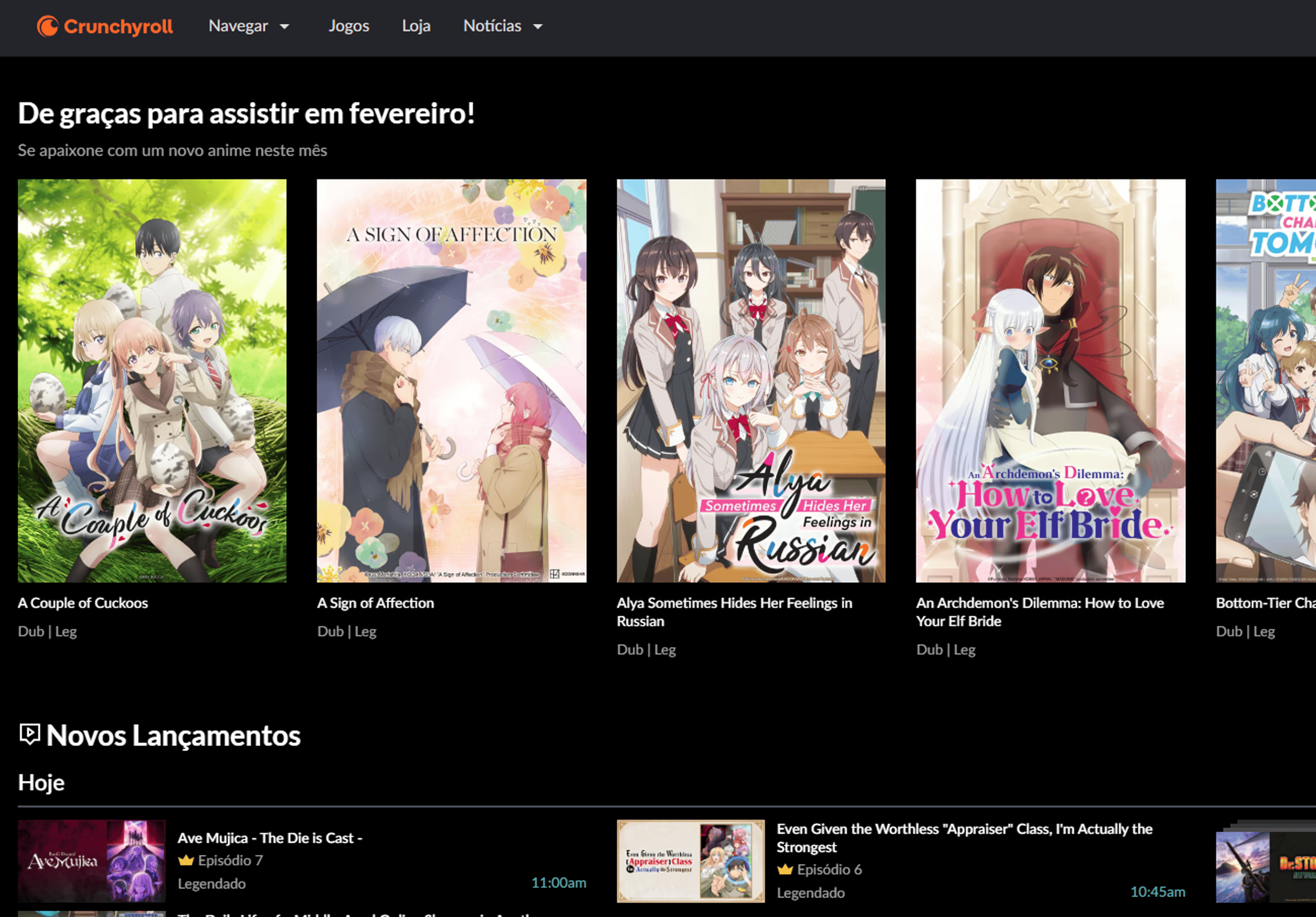 Crunchyroll webpage in Portuguese promoting free anime available to watch in February, featuring series like 'A Couple of Cuckoos,' 'A Sign of Affection,' and 'Alya Sometimes Hides Her Feelings in Russian,' with subtitles and dubbed options. The page also highlights 'Novos Lançamentos' (New Releases) with detailed schedules for episodes released today.