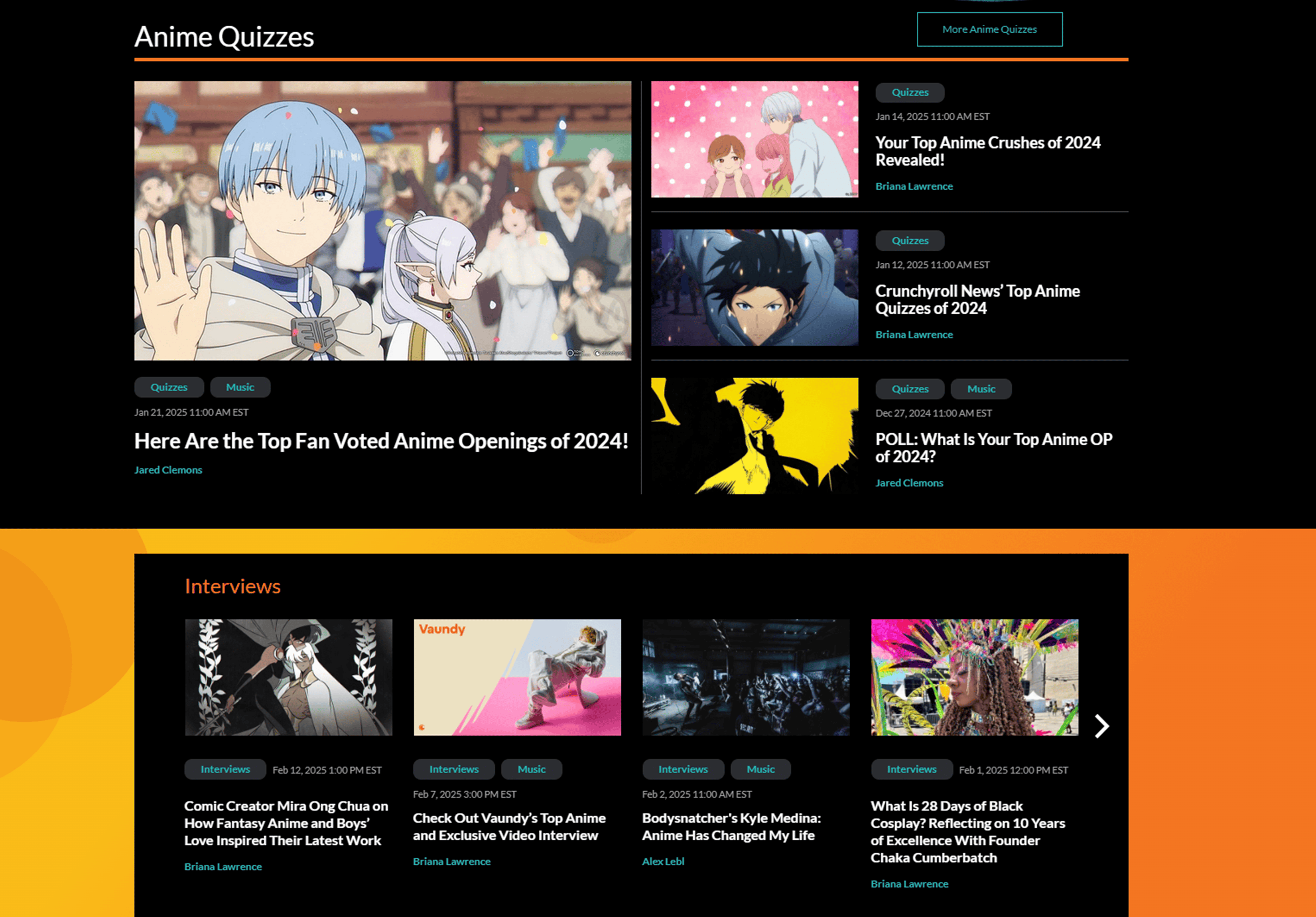 Crunchyroll News website showcasing the 'Anime Quizzes' section with featured fan-voted content like 'Top Anime Openings of 2024' and quizzes such as 'Your Top Anime Crushes of 2024 Revealed!' Below, the 'Interviews' section highlights exclusive articles with creators and musicians, including topics like anime inspiration and cultural reflections.