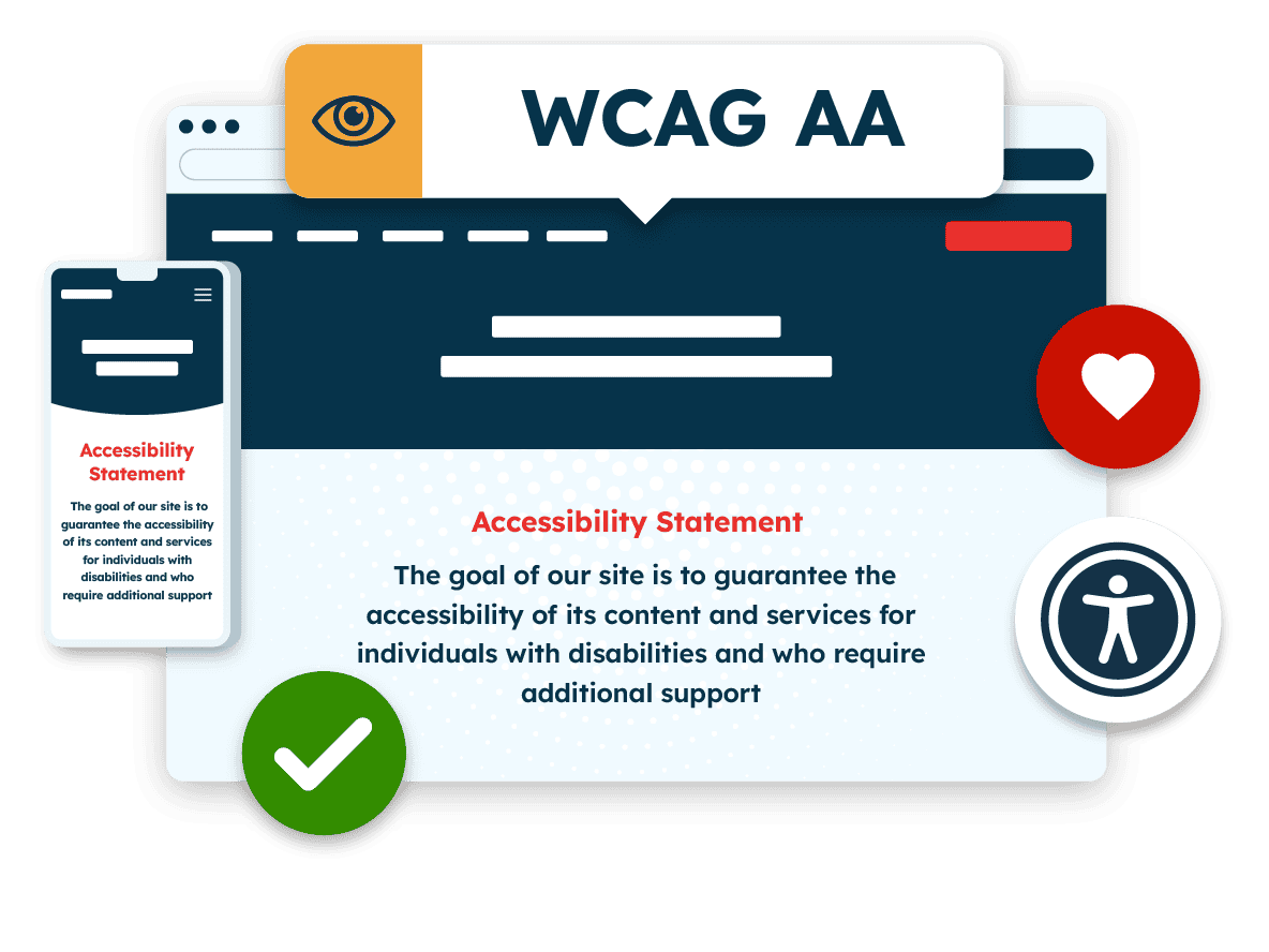 Illustration of a website and mobile screen displaying an accessibility statement, ensuring accessibility for individuals with disabilities. A label at the top highlights 'WCAG AA' compliance. Icons include a green checkmark for success, a heart for importance, and an accessibility symbol, emphasizing inclusivity and adherence to web accessibility guidelines.