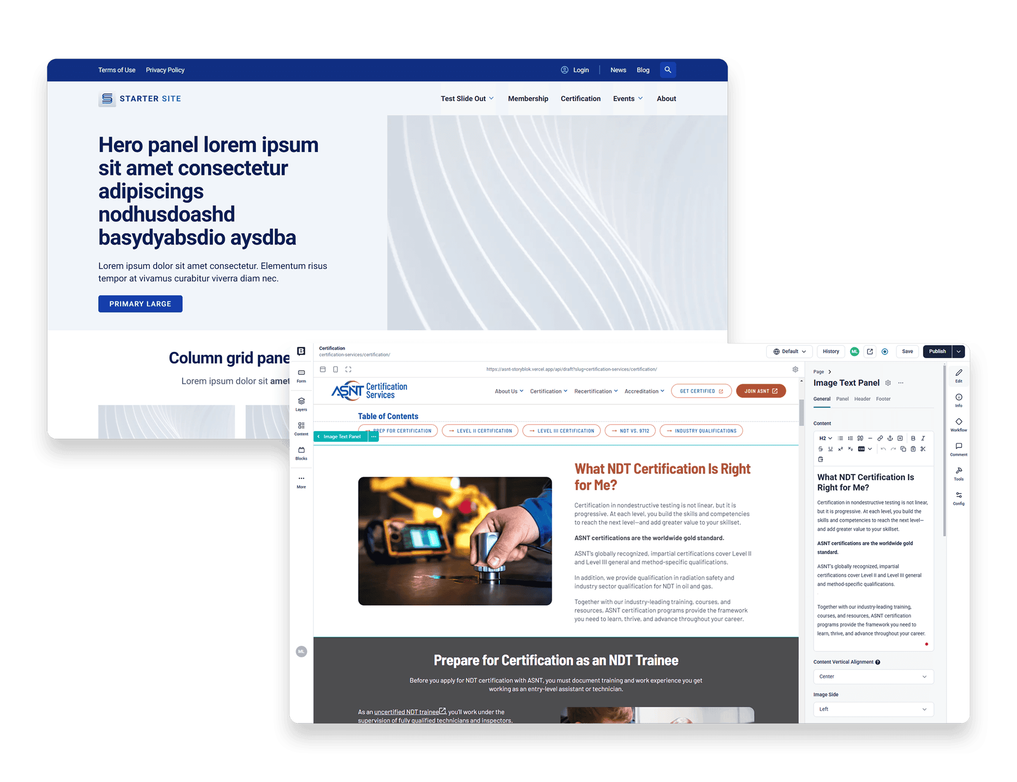 A digital mockup displaying two overlapping tablet screens. The top tablet showcases a clean, modern website homepage with a blue and white theme, large headline text, and a primary call-to-action button. The bottom tablet shows a content management interface for ASNT Certification Services, featuring an image of an NDT testing process and an article on NDT certification. The interface includes editing tools and a structured table of contents.