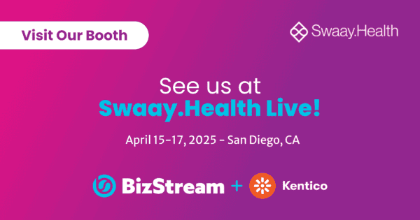 "Visit Our Booth – See us at Swaay.Health Live! April 15-17, 2025, in San Diego, CA. BizStream and Kentico logos featured on a purple gradient background with the Swaay.Health logo.