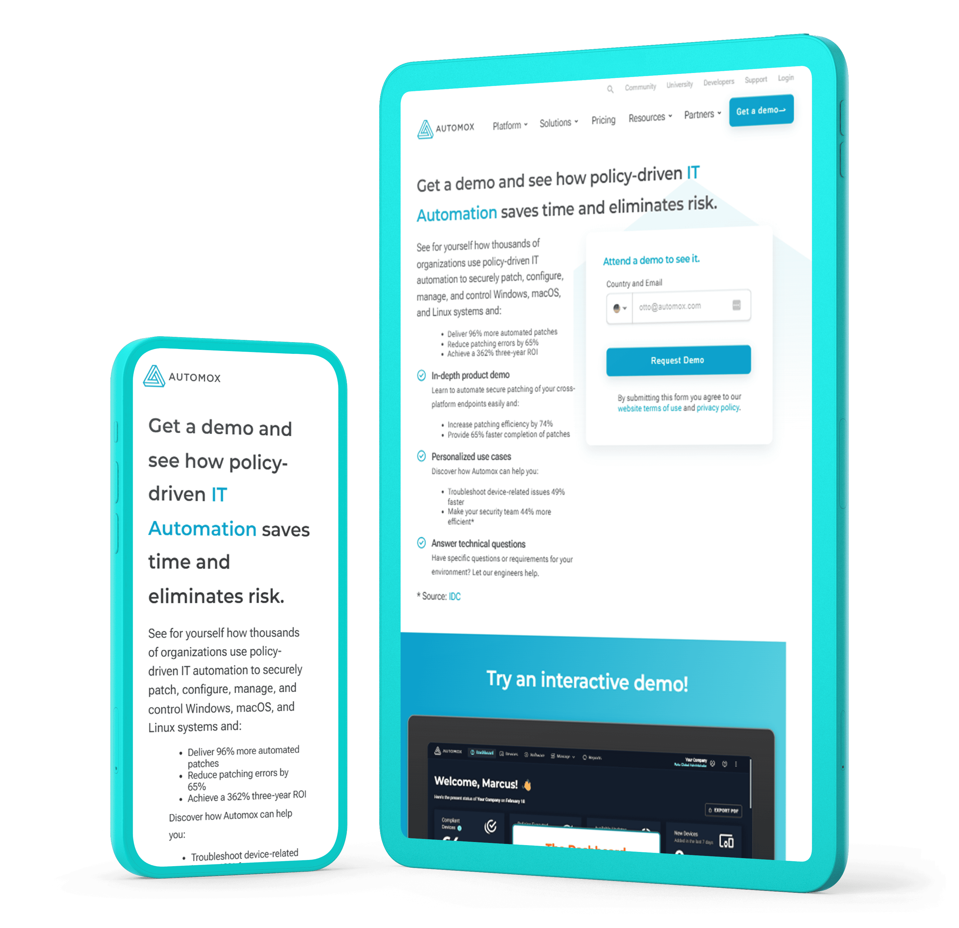 Automox demo page displayed on mobile and tablet devices, showcasing IT automation benefits, personalized use cases, and an interactive demo request form.