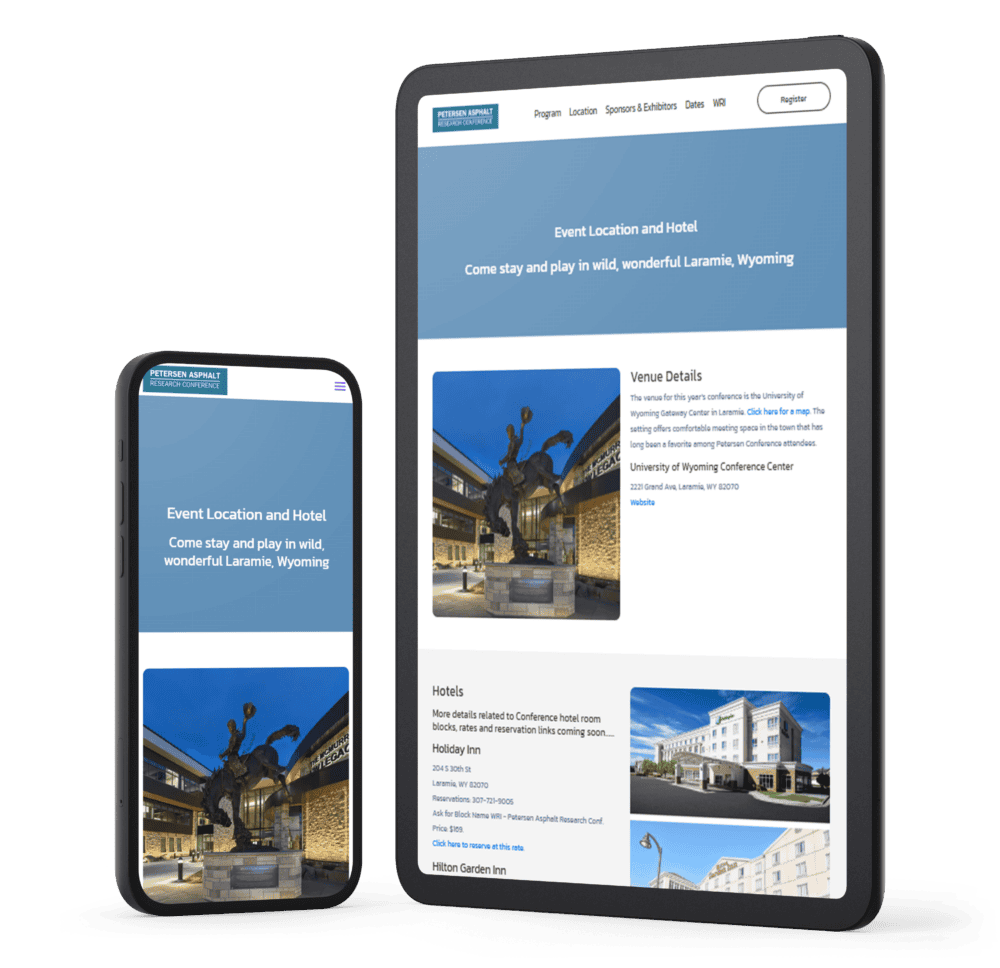 Mockup of a responsive event location and hotel information webpage for the Petersen Asphalt Research Conference, displayed on a smartphone and tablet. The design includes a blue header, white text, an image of the University of Wyoming Conference Center, and details about venue and hotel accommodations.