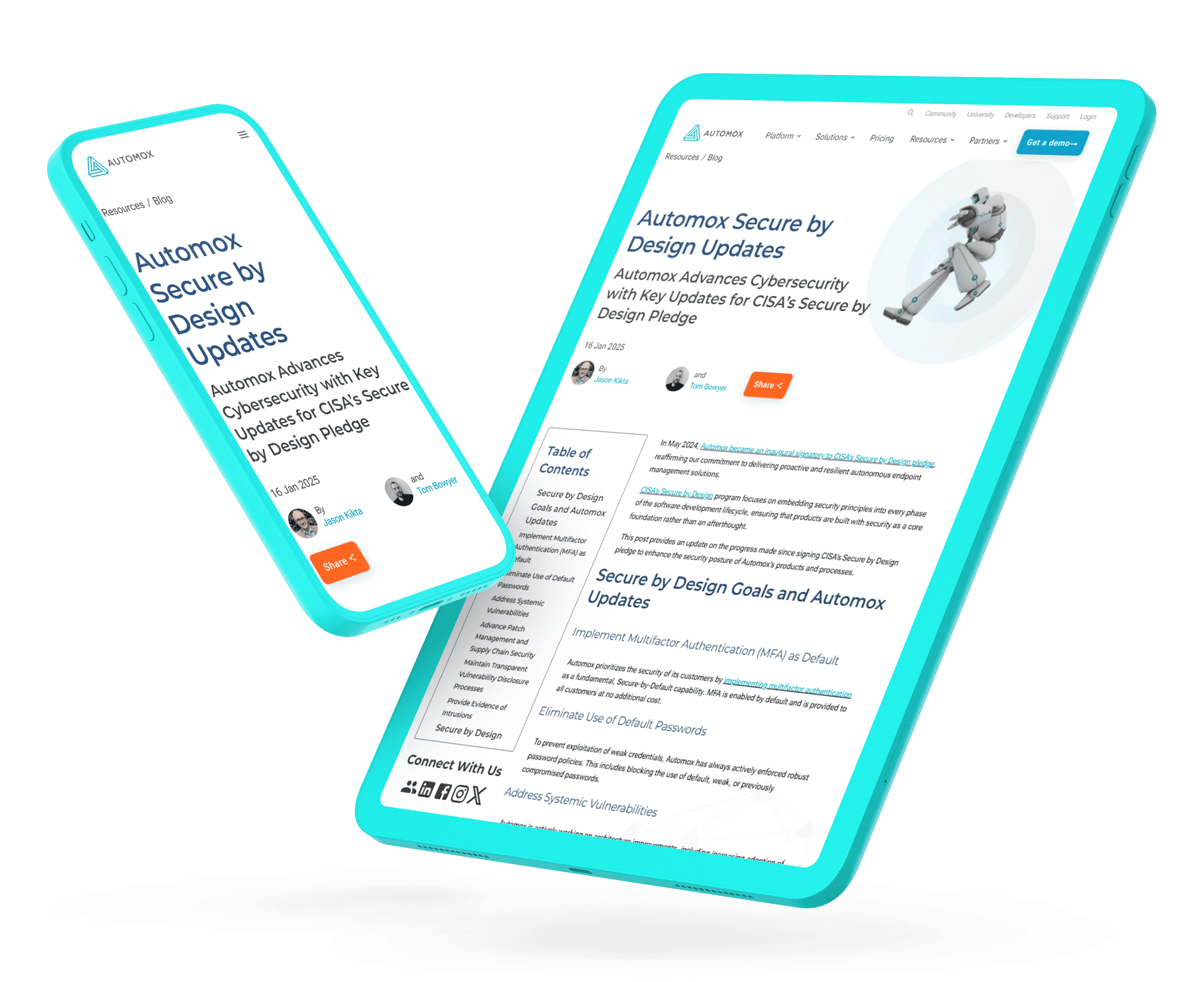 Automox blog page displayed on mobile and tablet devices, highlighting Secure by Design updates, cybersecurity advancements, and key security improvements.