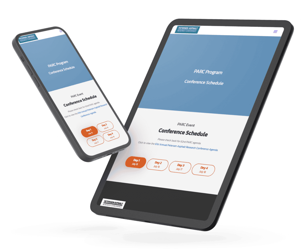 Mockup of a responsive conference schedule webpage for the Petersen Asphalt Research Conference, displayed on a smartphone and tablet. The design features a blue header, bold white text, and orange buttons for selecting specific conference days.