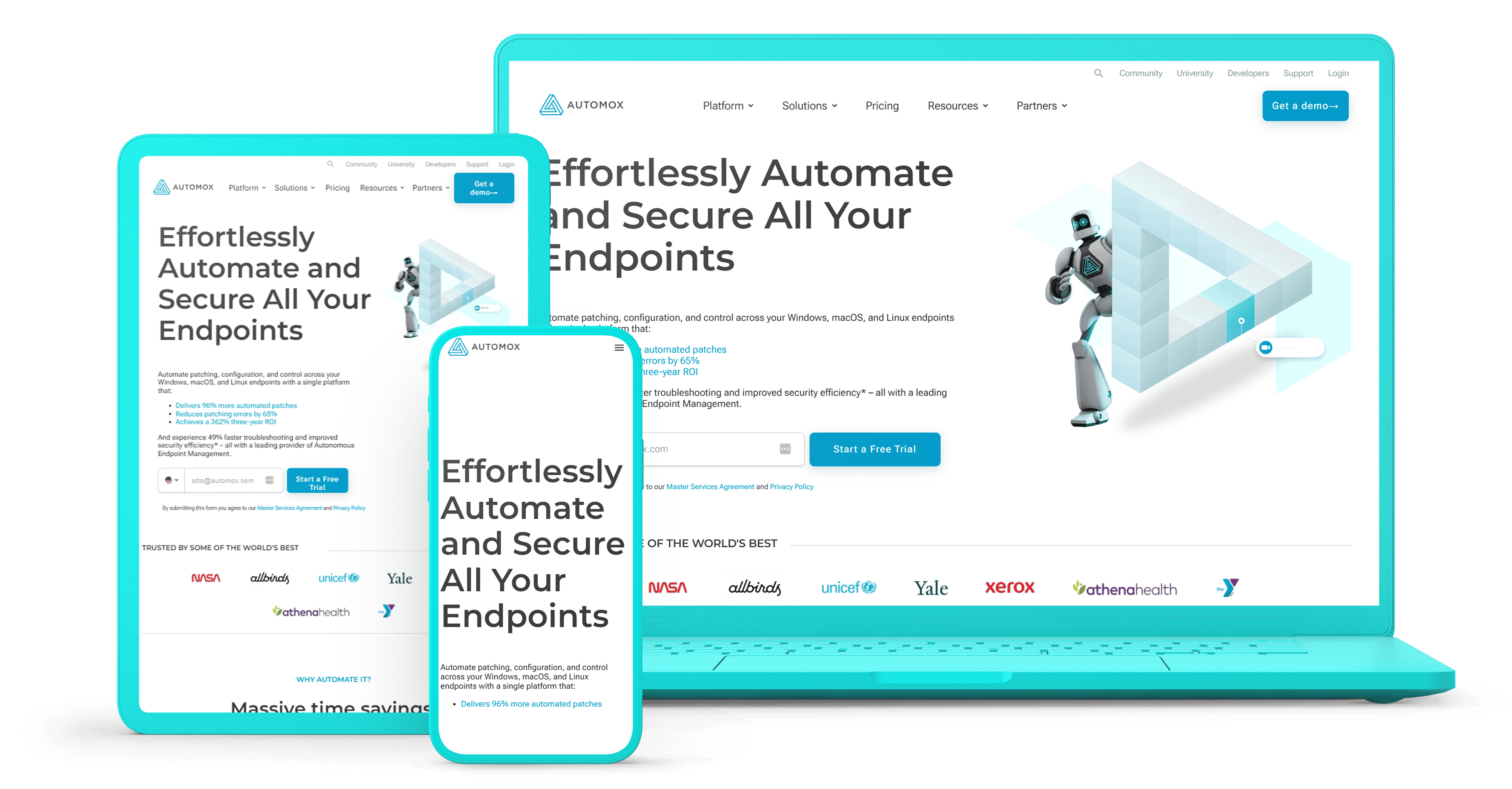 Mockup of the Automox website displayed on multiple devices, including a laptop, tablet, and smartphone, showcasing a responsive design with cybersecurity automation messaging and branding.