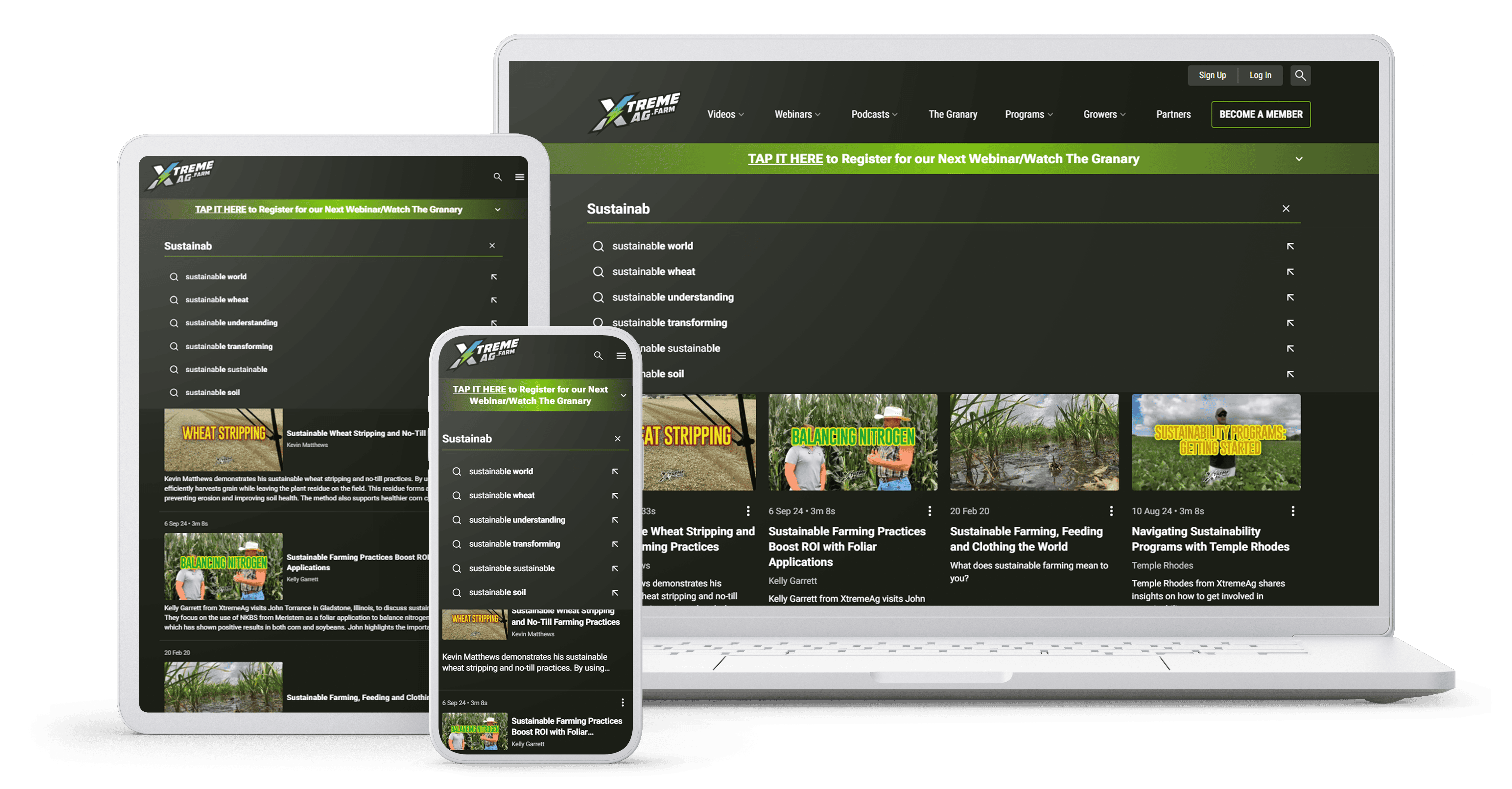 A digital mockup displaying the XtremeAg website on multiple devices, including a laptop, tablet, and smartphone. The site features a dark-themed interface with green highlights, a search bar with sustainability-related suggestions, and video content on sustainable farming practices. A banner at the top invites users to register for a webinar or watch The Granary.