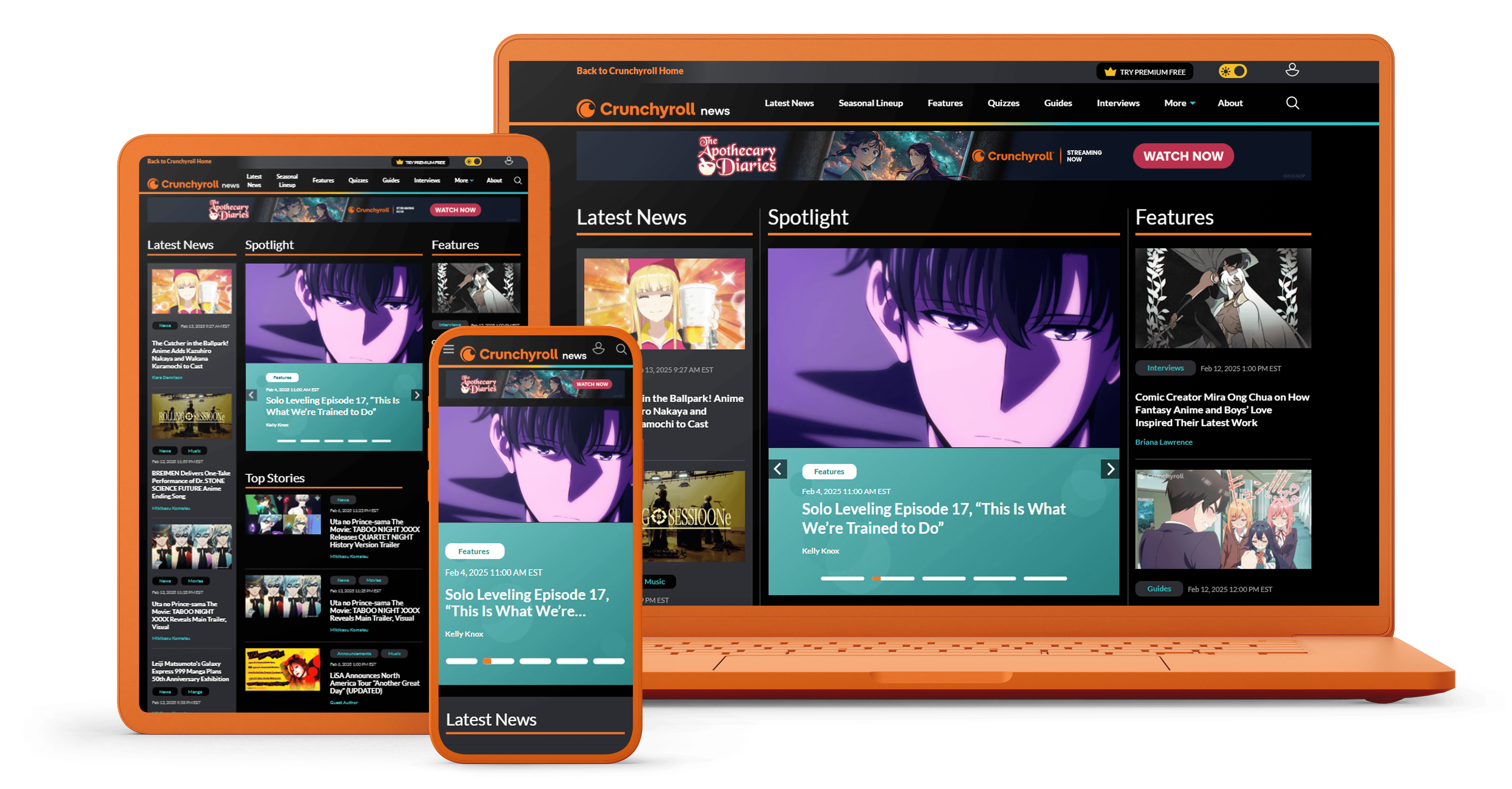 Responsive design of the Crunchyroll News website displayed across multiple devices, including a tablet, smartphone, and laptop, showcasing a cohesive layout featuring Latest News, Spotlight, Features, and Top Stories sections with vibrant anime visuals and headlines.