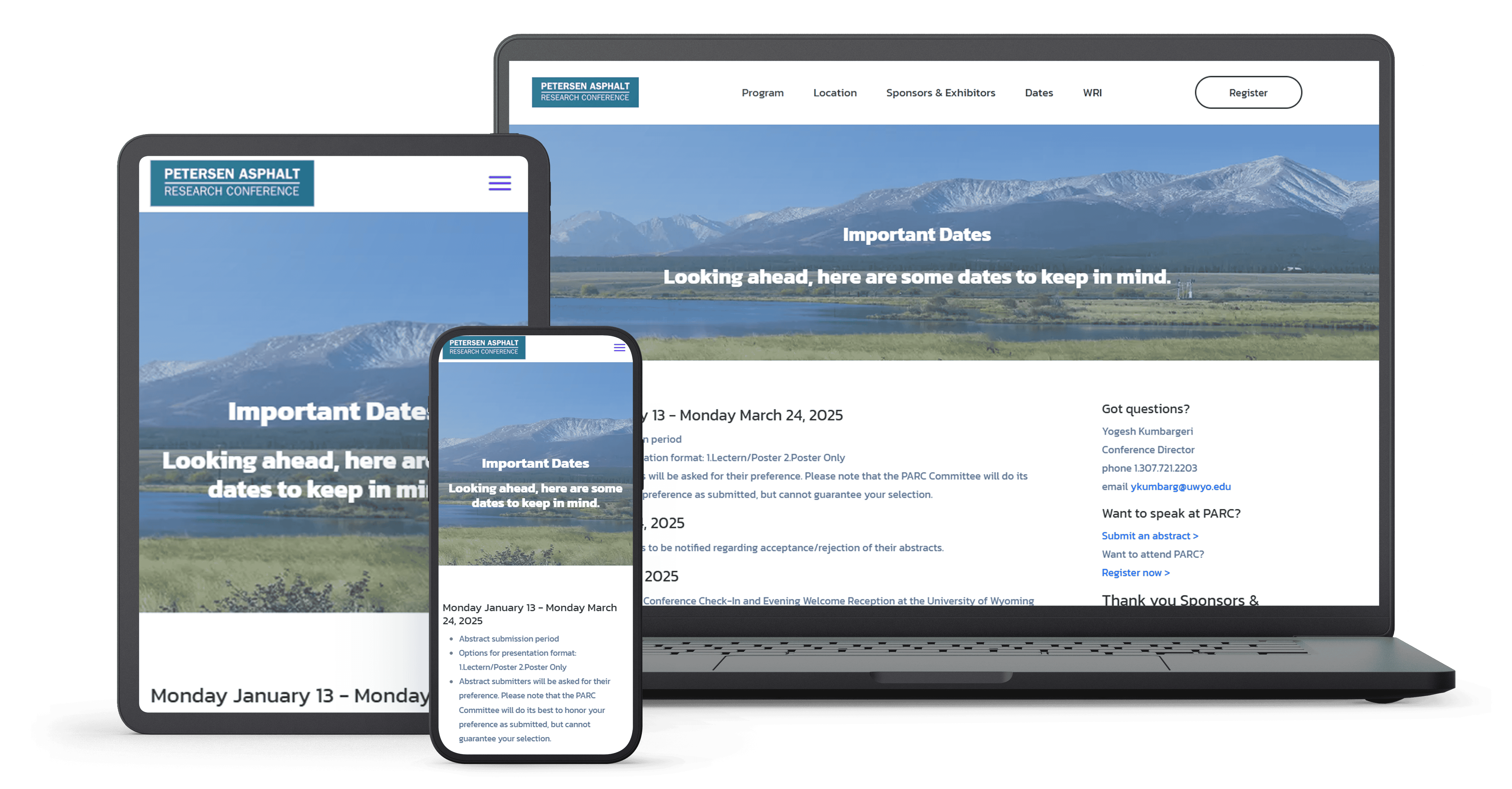 Responsive website mockup displaying important dates for the Petersen Asphalt Research Conference, shown on a laptop, tablet, and smartphone. The design features a scenic mountain background, bold white text highlighting key dates, and additional event details including abstract submission deadlines and contact information.