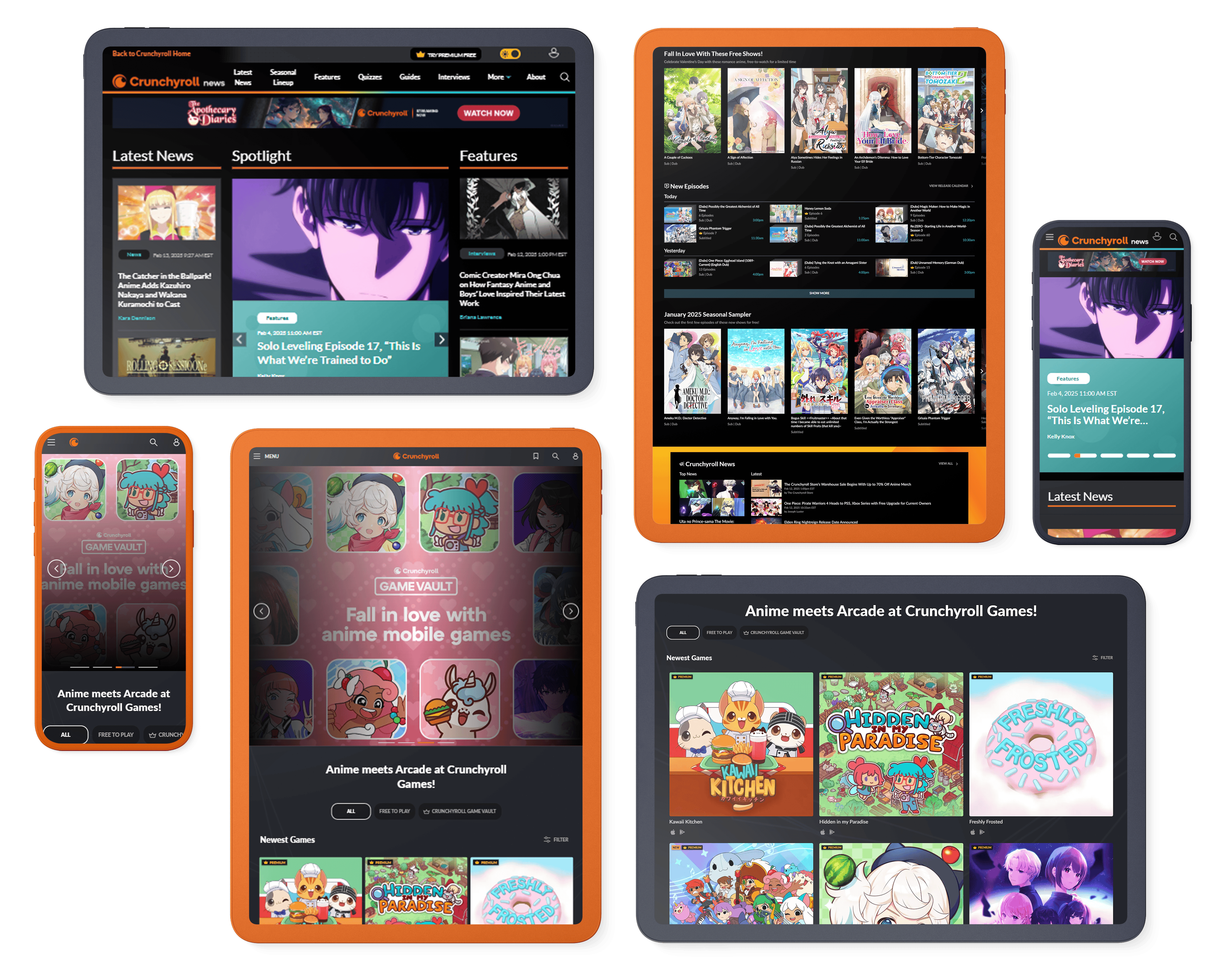 Collection of Crunchyroll interface mockups displayed across various devices, highlighting features like the Latest News, Spotlight, and Features sections, anime recommendations, and the Game Vault promoting anime-themed mobile games. The designs emphasize responsive layouts optimized for tablets and smartphones.