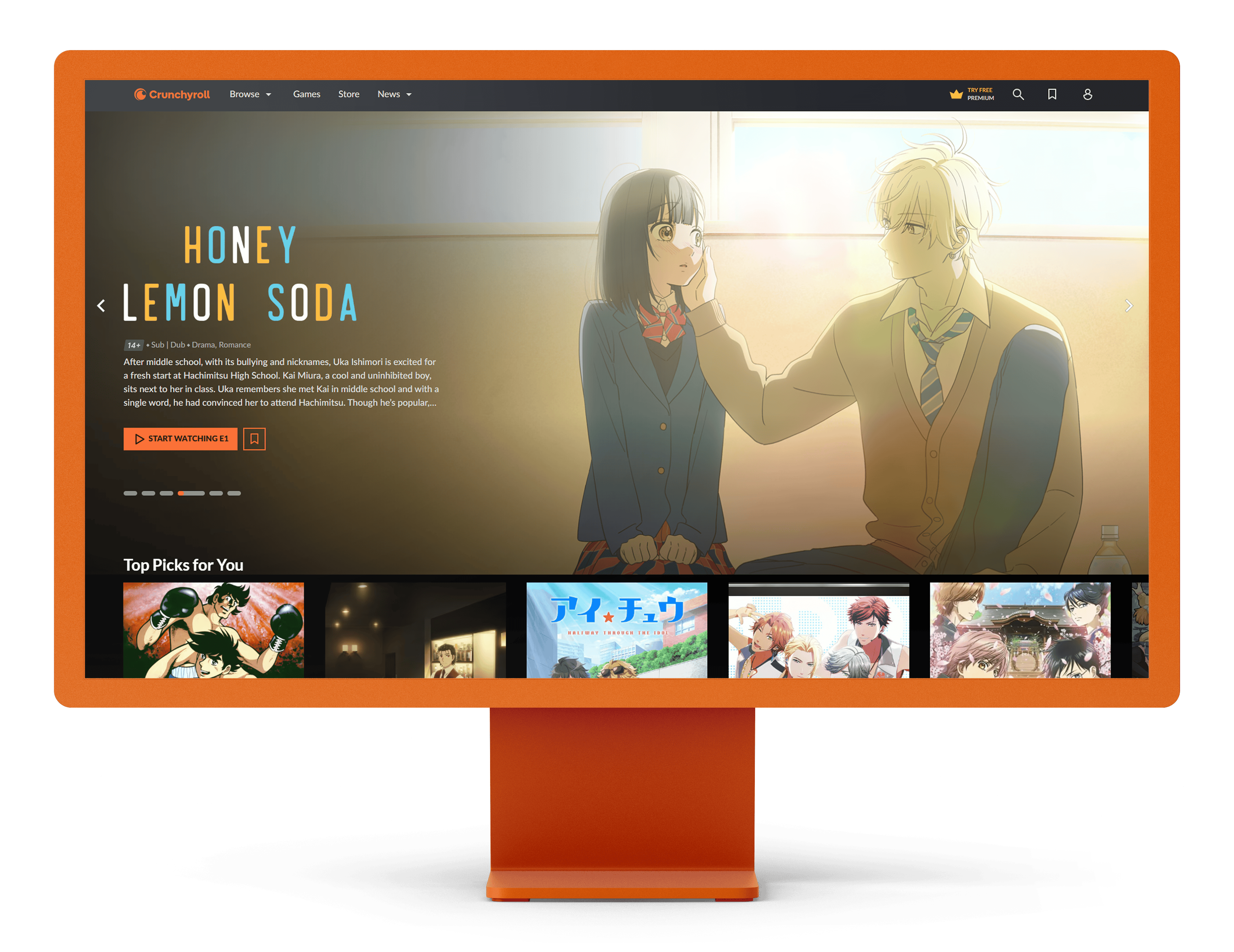 Crunchyroll homepage displayed on a monitor, featuring the anime 'Honey Lemon Soda' with a highlighted synopsis describing a high school romance and a 'Start Watching' button. Below, the interface showcases 'Top Picks for You,' with a curated selection of anime thumbnails.