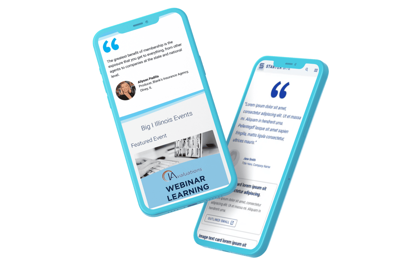 Two angled smartphones displaying mobile-friendly website designs. The left phone showcases a testimonial from a user, event details, and a promotional banner for a webinar. The right phone features a placeholder testimonial with a blue quotation mark design, along with content cards for additional information. Both screens emphasize clean layouts, legible typography, and responsive design elements.