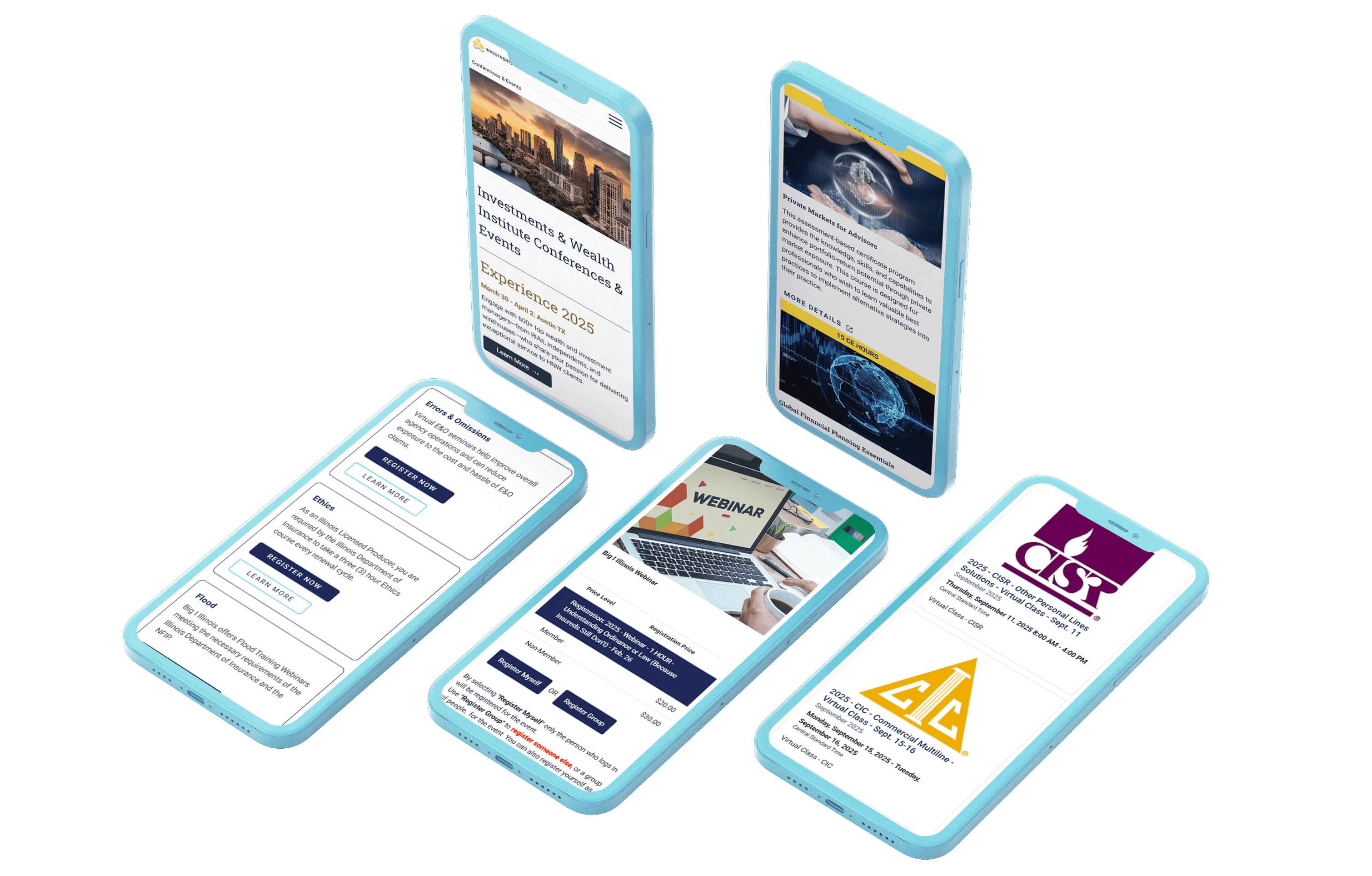 A 3D-rendered mockup of five smartphones with light blue cases displaying various financial and educational event webpages. The screens showcase conference details, webinar registrations, and professional certification programs, featuring images, buttons, and text layouts designed for mobile-friendly browsing.