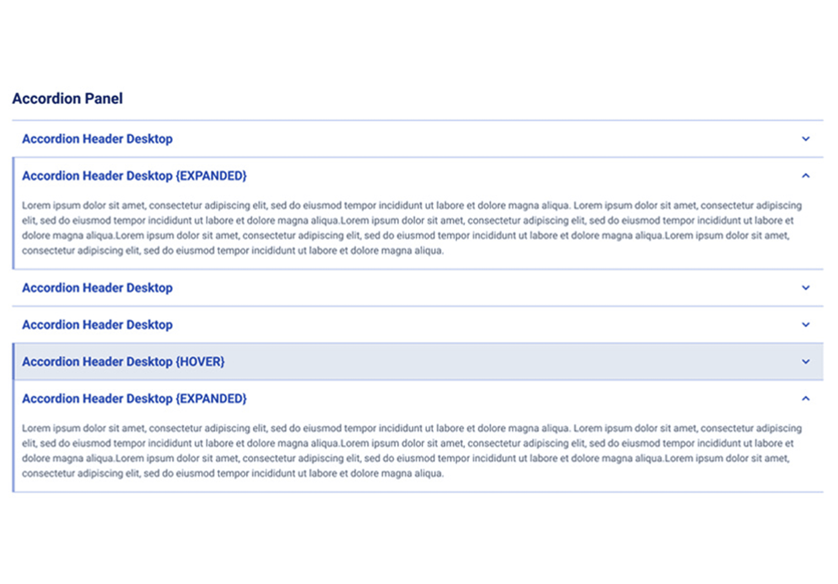 Accordion Panel component for the Web Accelerator built for Storyblok, showcasing various states such as 'Expanded' with visible content, 'Hover' with highlighted interaction, and default collapsed headers. The design demonstrates clear hierarchy and interaction feedback for improved user experience.