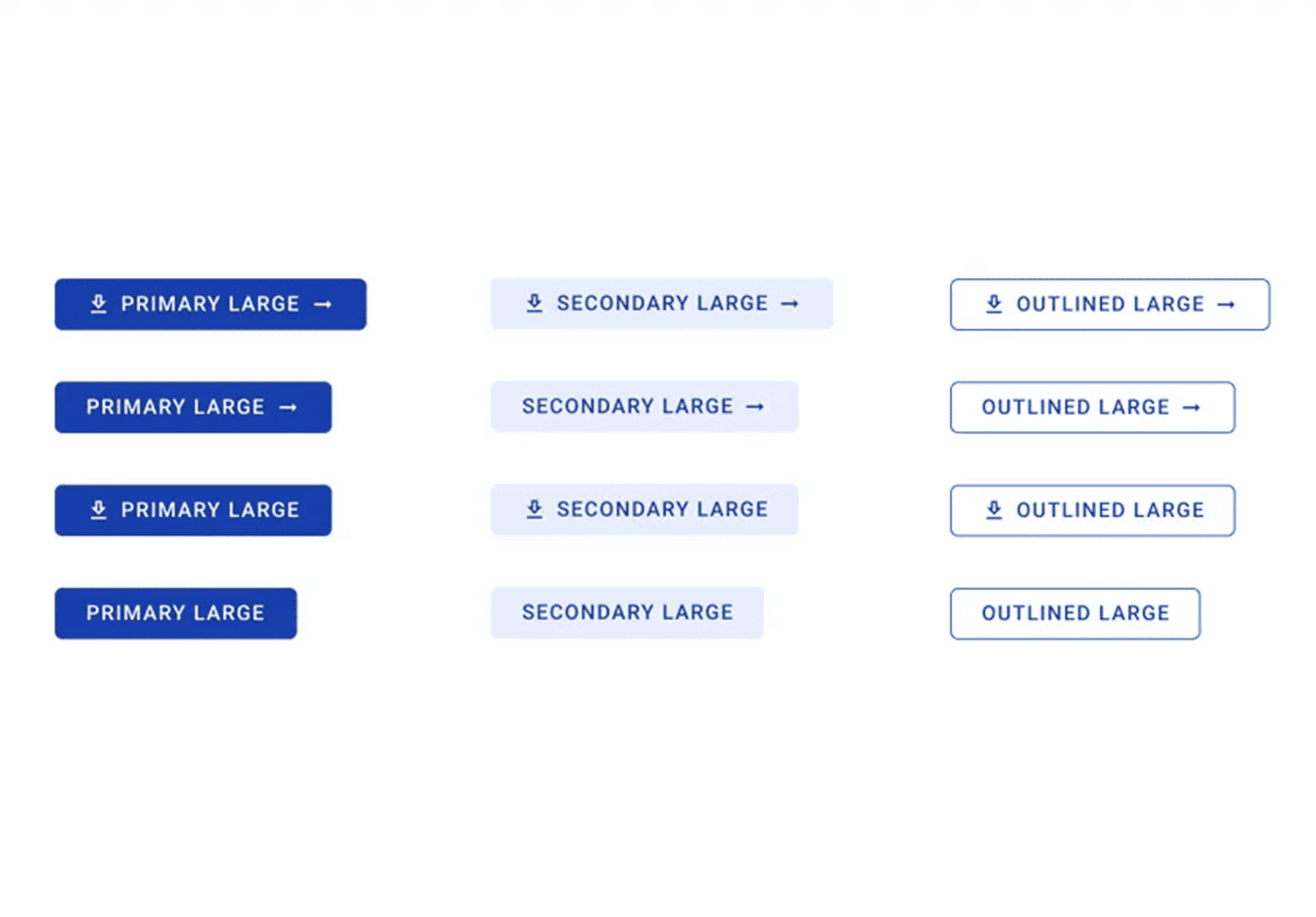 Button component for Web Accelerator on Storyblok, displaying different button styles including primary, secondary, and outlined variations in large sizes.