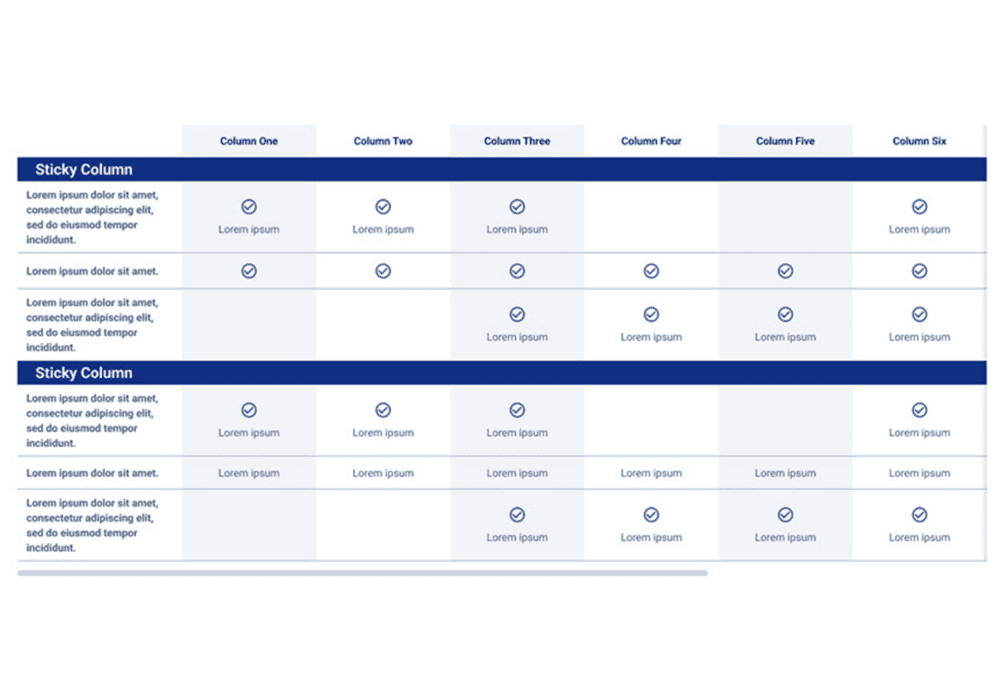 Sticky Column Table component for the Web Accelerator built for Storyblok, featuring a structured table layout with a sticky column on the left for static content, and multiple dynamic columns for additional information. The table includes rows with placeholder text and checkmark icons, providing a clear and accessible comparison format.