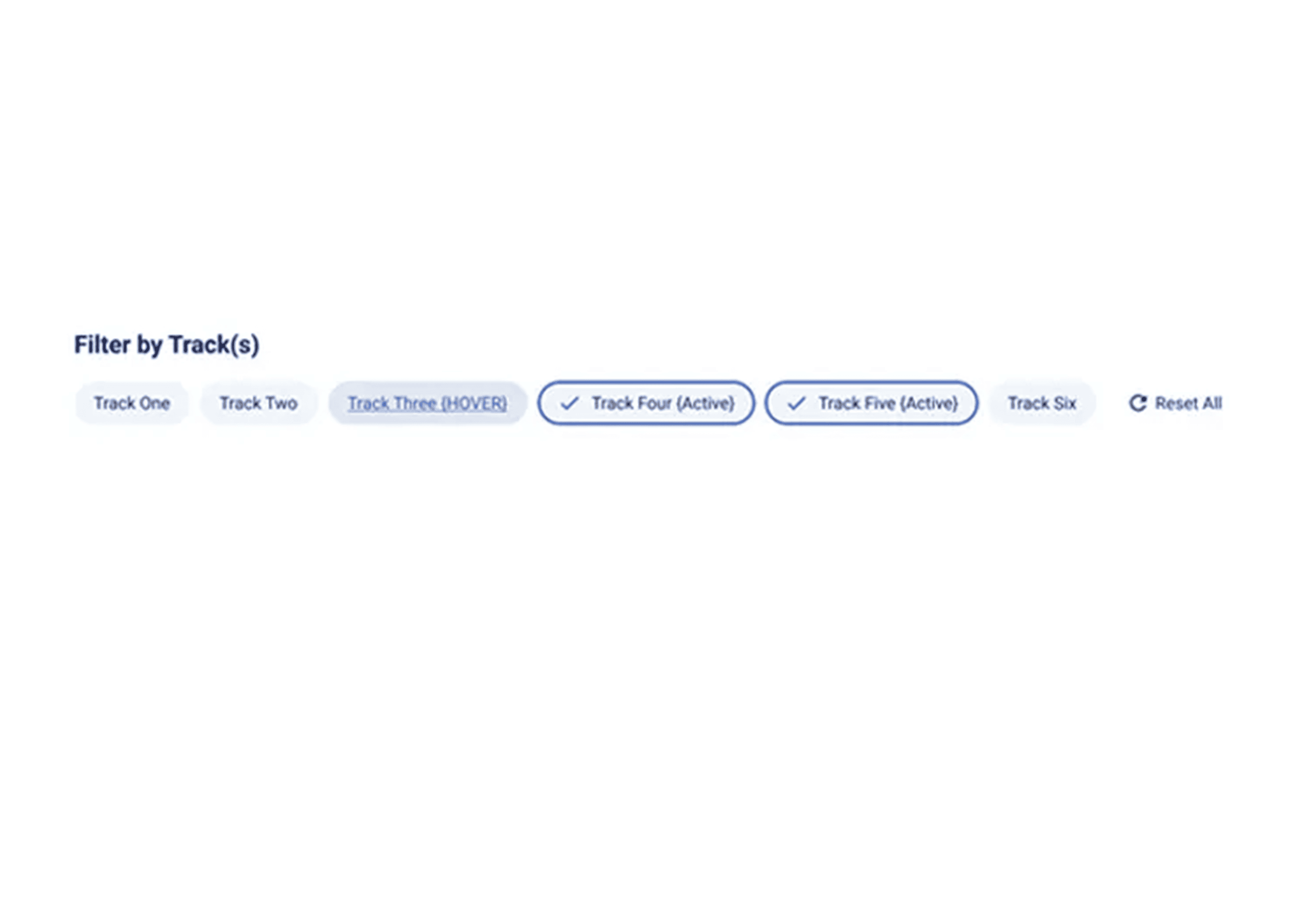 Web Accelerator conference agenda track filter component for Storyblok. Displays a selection of track filters labeled Track One through Track Six, with active and hover states indicated by styling. Includes a 'Reset All' option for clearing selections.