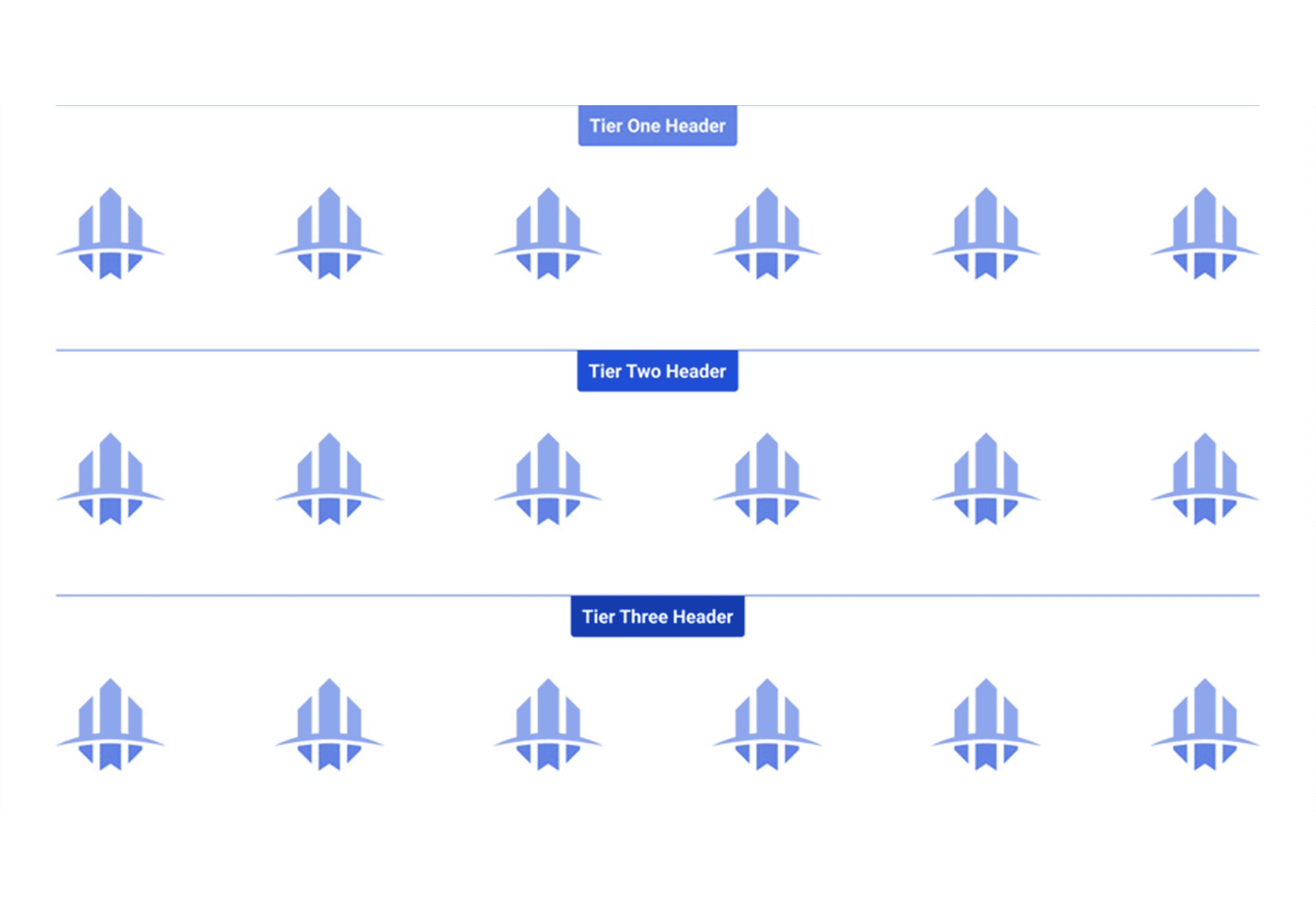 Tiered Logo Grid component for the Web Accelerator built for Storyblok, organized into three distinct sections labeled 'Tier One Header,' 'Tier Two Header,' and 'Tier Three Header.' Each tier contains evenly spaced logos, offering a structured and hierarchical design for showcasing partner or client categories.