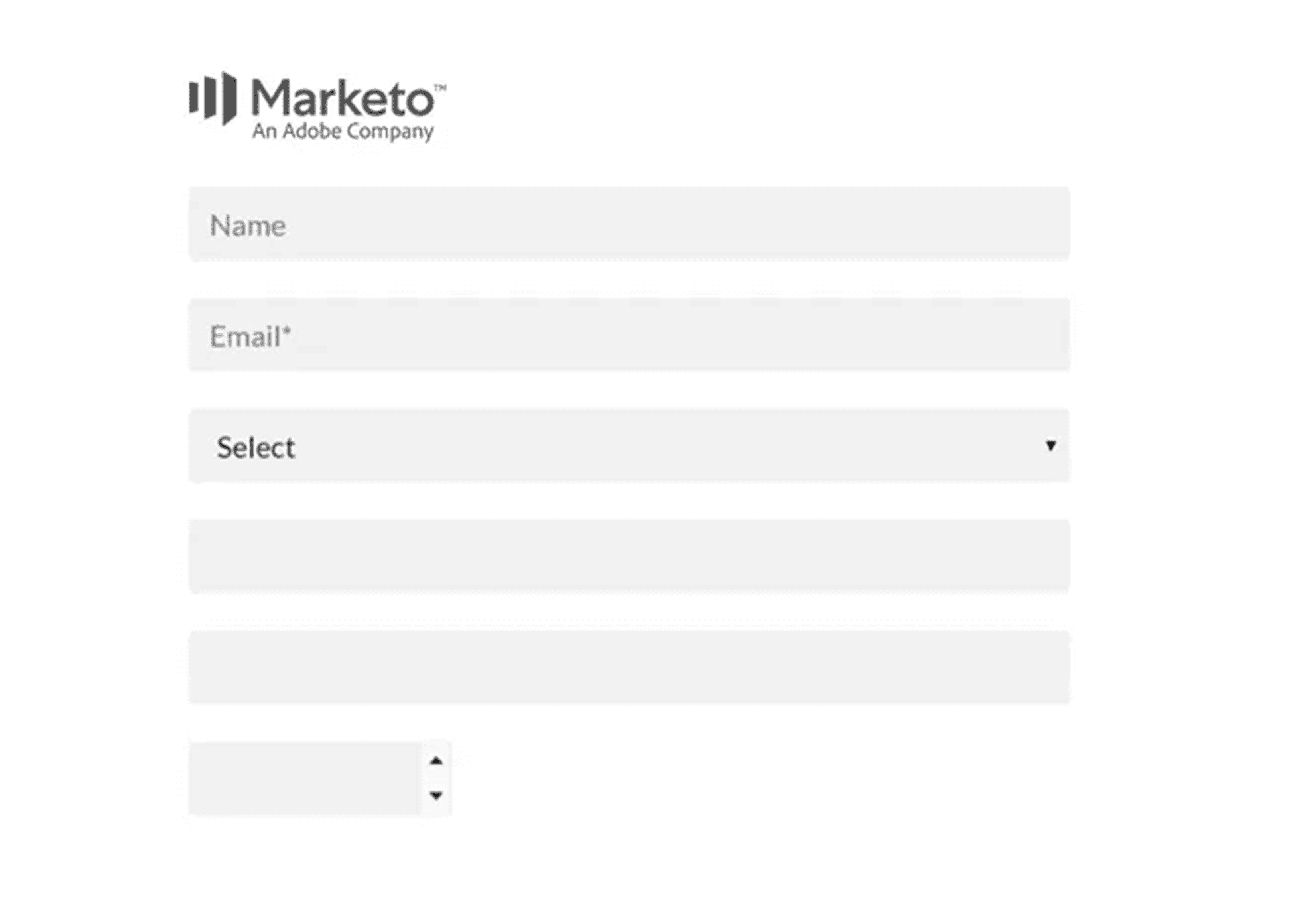 A Marketo lead capture form with input fields for name, email, dropdown selections, and text fields.