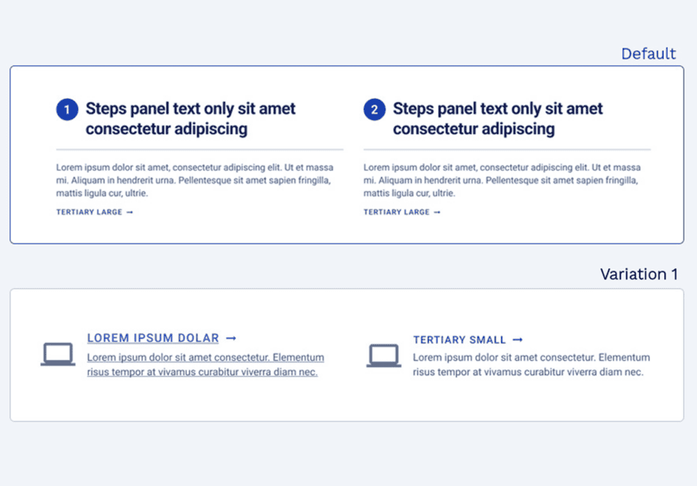 Personalization widget component for Web Accelerator on Storyblok, displaying different variations of a step-based content panel with numbered steps and icon-based text blocks.