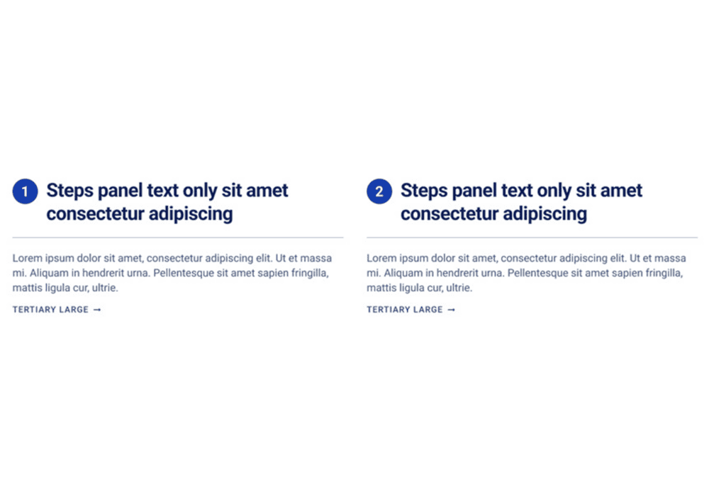 Steps Panel component for the Web Accelerator built for Storyblok, showcasing sequentially numbered steps with clear headings, detailed descriptions, and tertiary call-to-action links. This layout is ideal for guiding users through a process, providing instructions, or outlining a series of actions in an intuitive format.