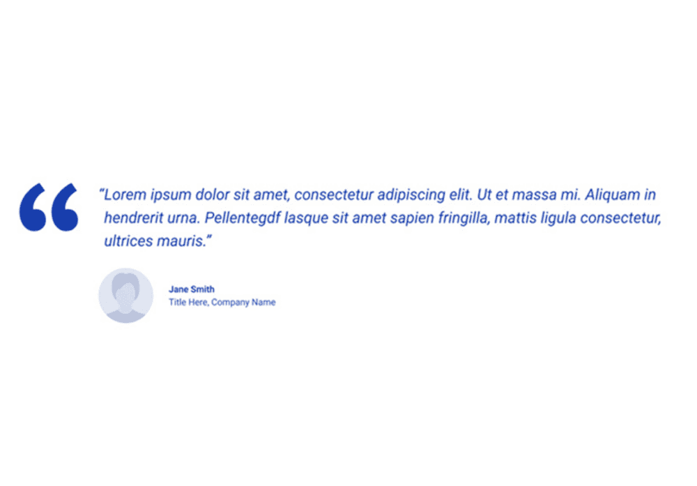 Testimonial panel component for Web Accelerator in Storyblok, displaying a quote in blue italic text with large quotation marks, accompanied by a placeholder profile image, name, title, and company information.