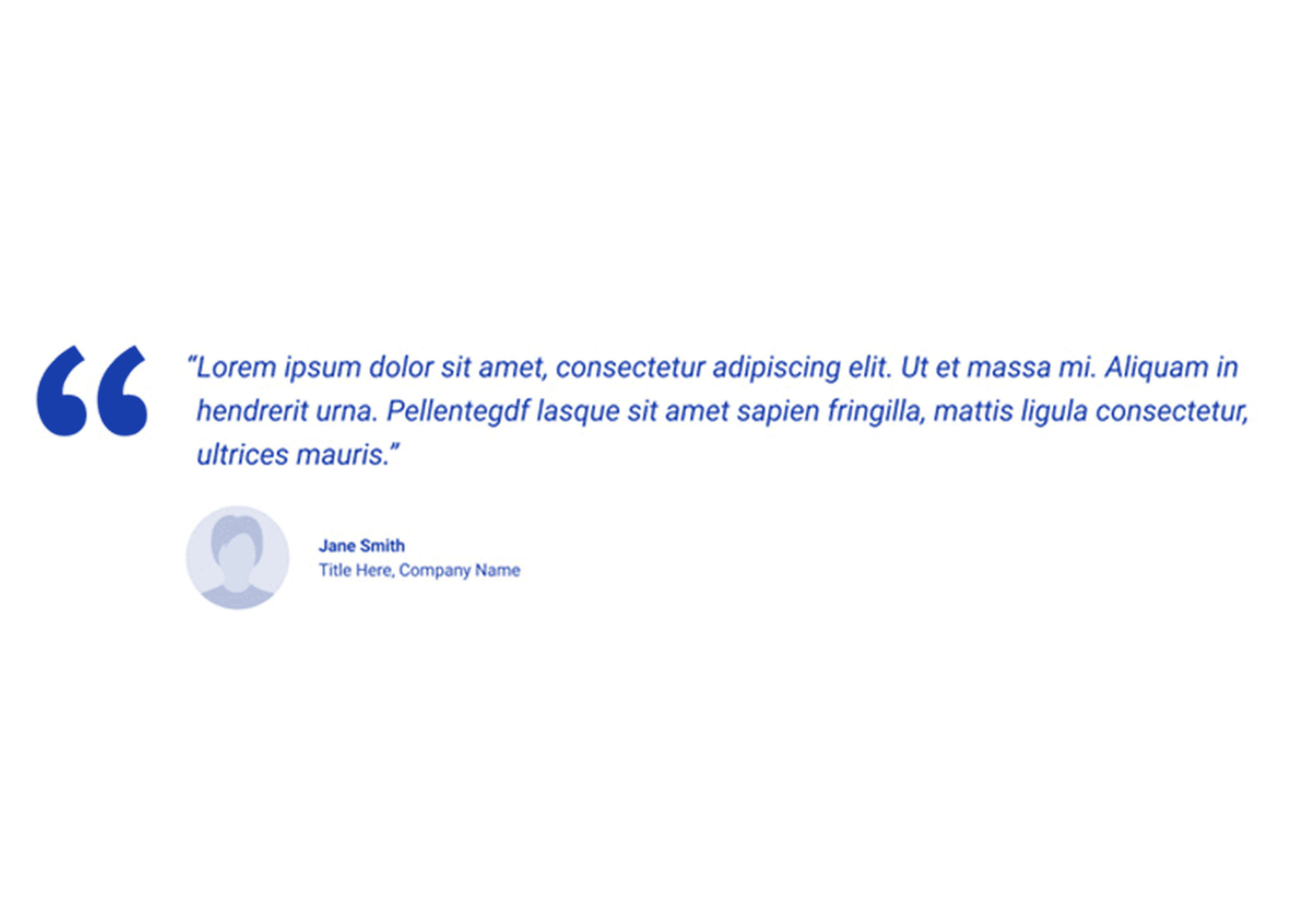 Testimonial panel component for Web Accelerator in Storyblok, displaying a quote in blue italic text with large quotation marks, accompanied by a placeholder profile image, name, title, and company information.