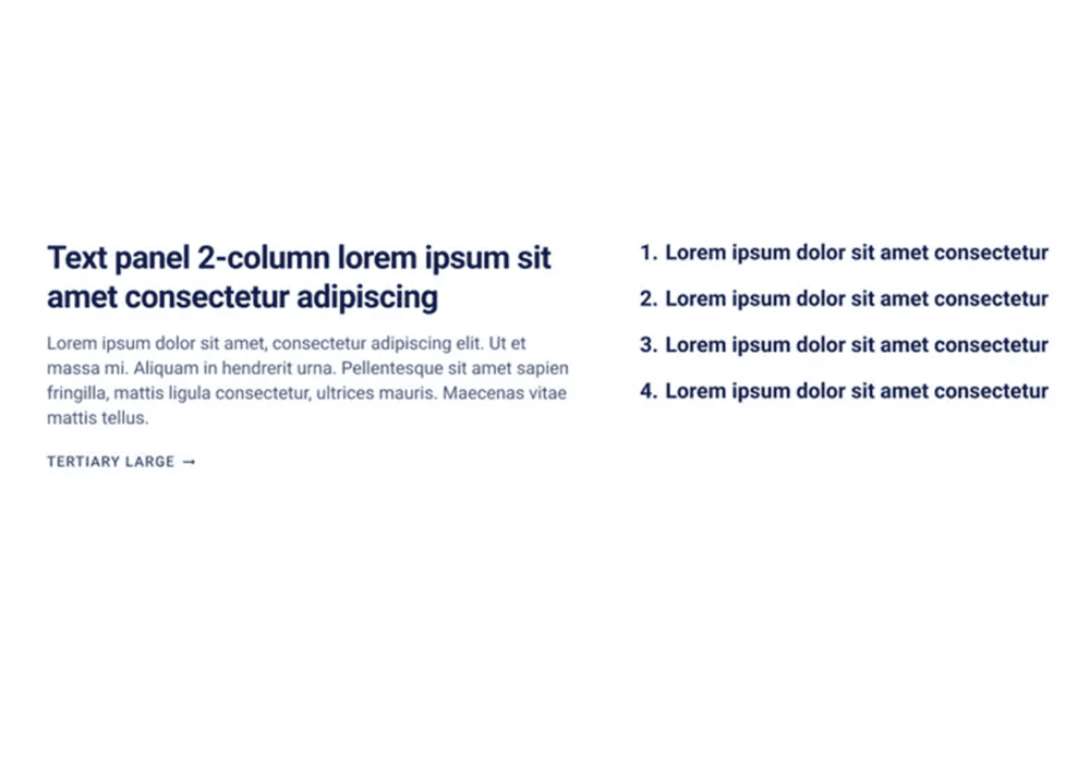 Two-column text panel component for Web Accelerator on Storyblok, featuring a structured text block and a numbered list.