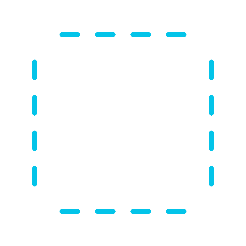 A stylized digital icon representing 3D modeling or object manipulation, featuring a cube enclosed within a dashed square frame with four corner nodes, outlined in blue and white.