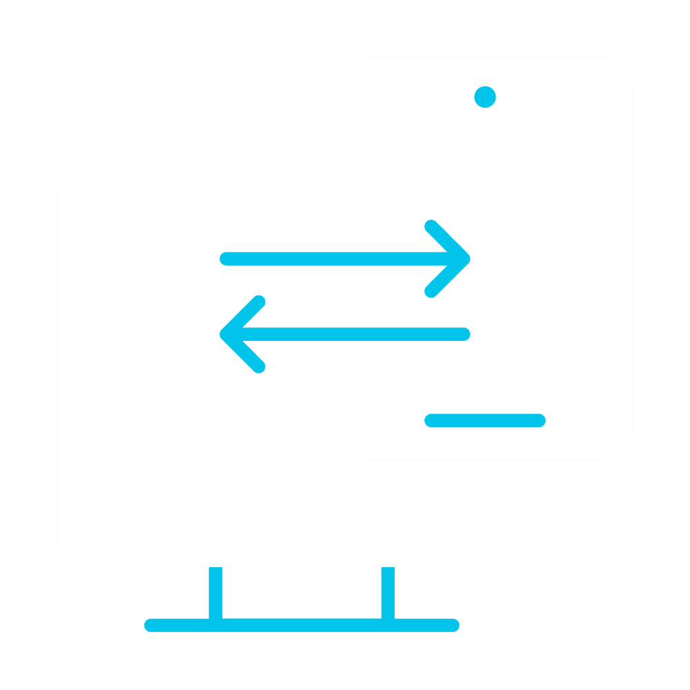 A stylized digital icon depicting data transfer or synchronization between a desktop computer and a mobile device, represented by two outlined screens with bidirectional arrows in blue and white.