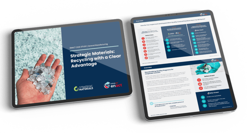 Two tablets displaying a digital case study titled 'Strategic Materials: Recycling with a Clear Advantage' by InfinityQS Enact, featuring quality control improvements in manufacturing and recycling processes.