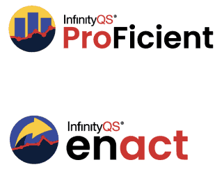 Updated logos for InfinityQS ProFicient and Enact, two quality management software solutions featuring bold typography and data visualization elements representing statistical process control and real-time monitoring.