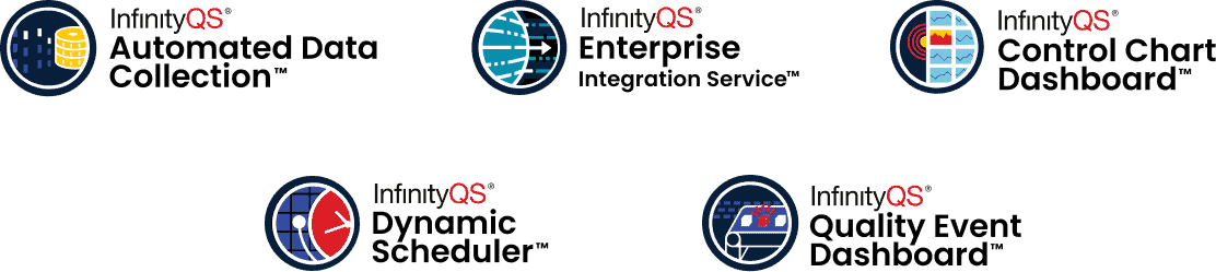 A set of five InfinityQS icons representing different aspects of quality management and manufacturing process control, each featuring a unique visual element related to data analysis, process optimization, and efficiency.