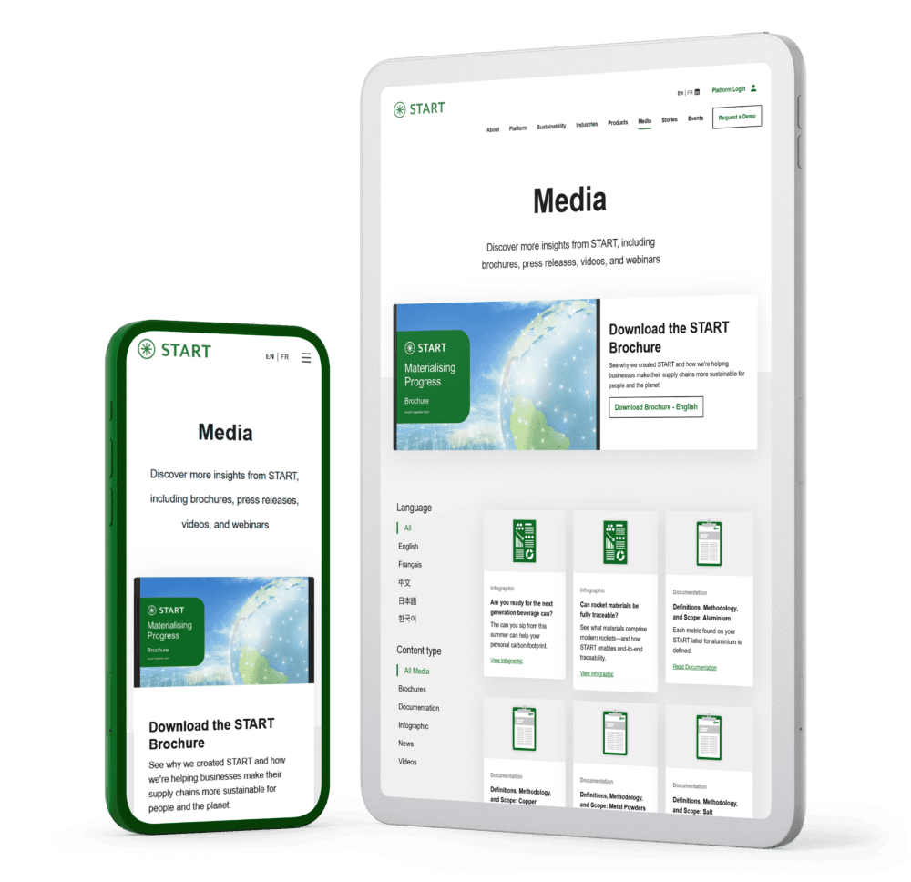 Mockup of the START website's media page displayed on a smartphone and tablet, featuring brochures, press releases, videos, and webinars, along with language and content type filtering options.