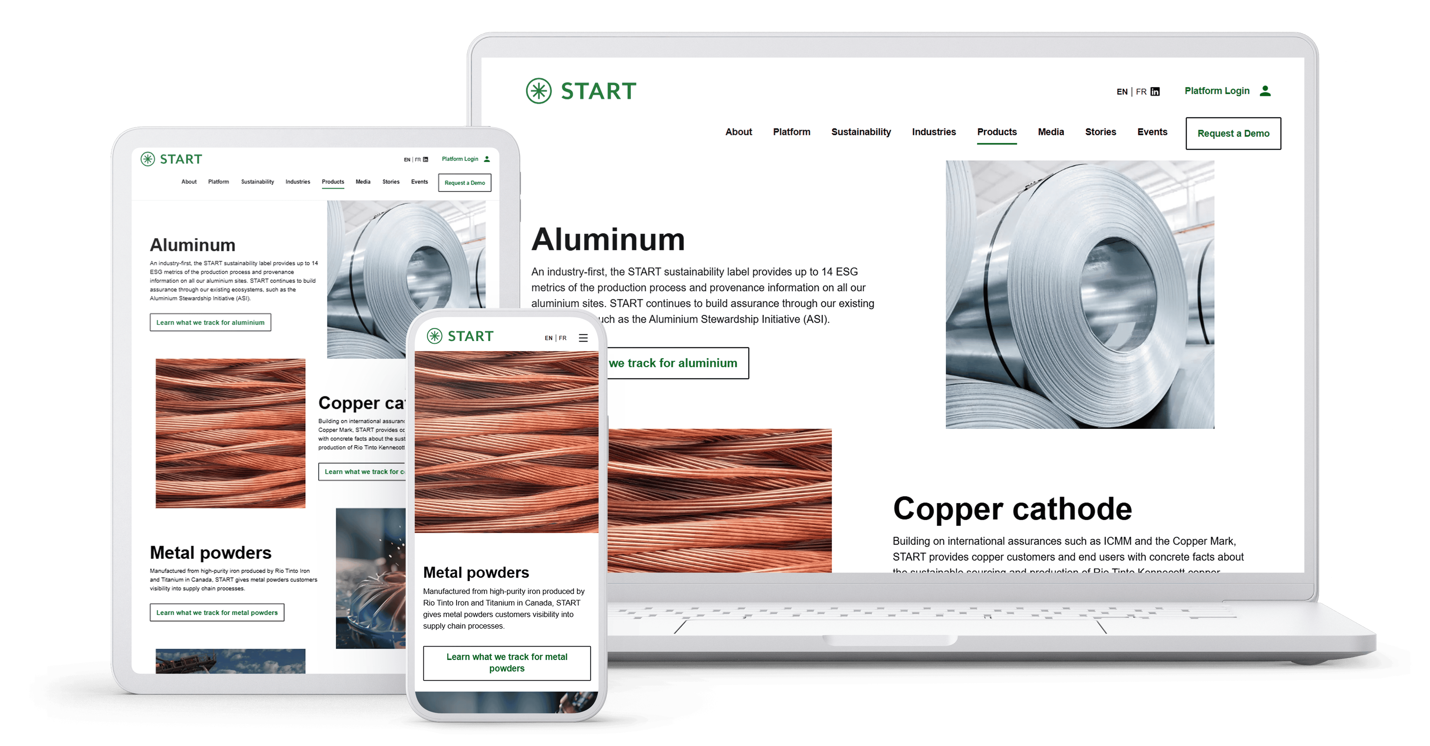 Mockup of the START website displayed on multiple devices, including a laptop, tablet, and smartphone, showcasing information on sustainable materials like aluminum, copper cathode, and metal powders with product images and tracking details.