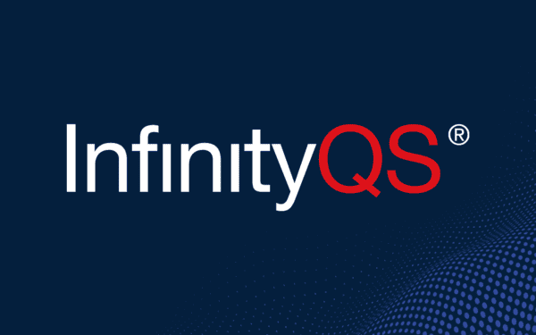 InfinityQS logo displayed on a dark blue background with a subtle dotted wave pattern in the lower right corner, representing a sleek and professional brand identity.