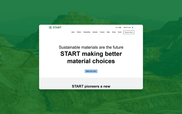 Homepage of the START website with a green-tinted mining landscape background, promoting sustainable materials and responsible material choices with navigation links and a call-to-action button to watch a video.